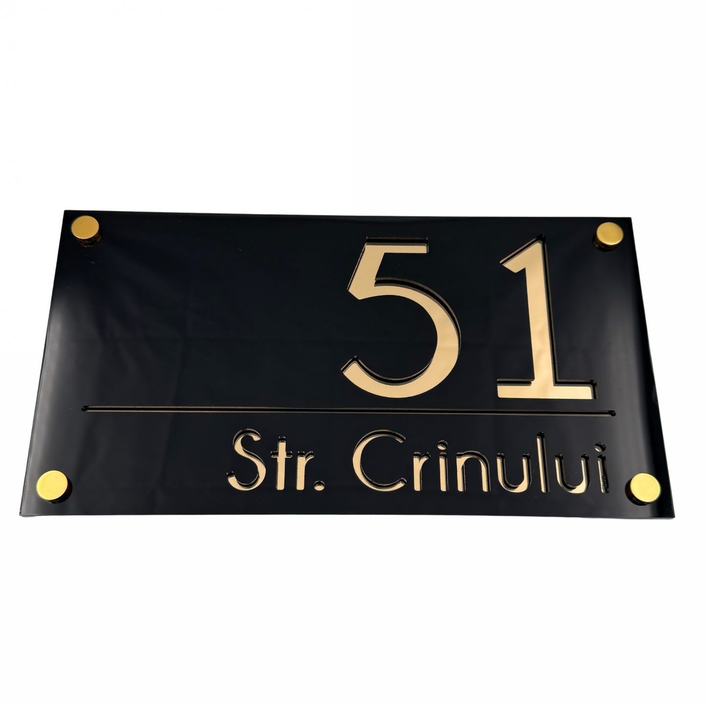 PREMIUM HOUSE NUMBER - Glossy Black Gold Mirror 4 Spacers Gold - 28×15 cm