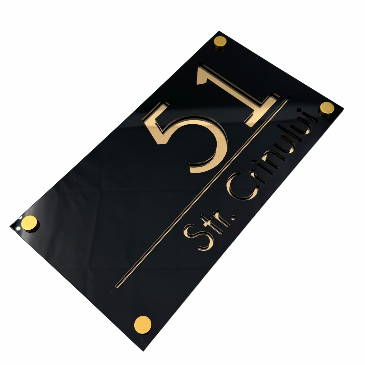 PREMIUM HOUSE NUMBER - Glossy Black Gold Mirror 4 Spacers Gold - 28×15 cm