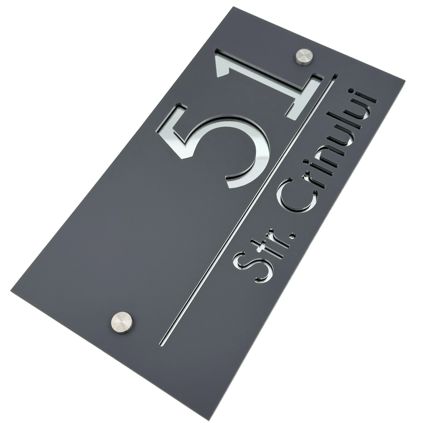PREMIUM HOUSE NUMBER - Satin Grey Silver Mirror 2 Spacers Silver - 28×15 cm