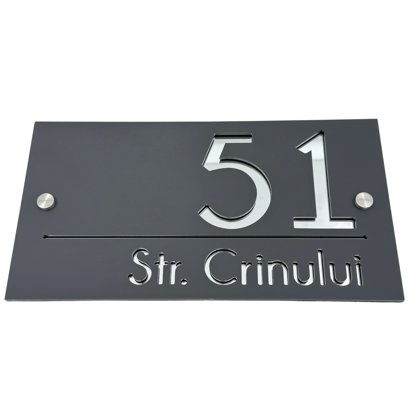 PREMIUM HOUSE NUMBER - Satin Grey Silver Mirror 2 Spacers Silver - 28×15 cm