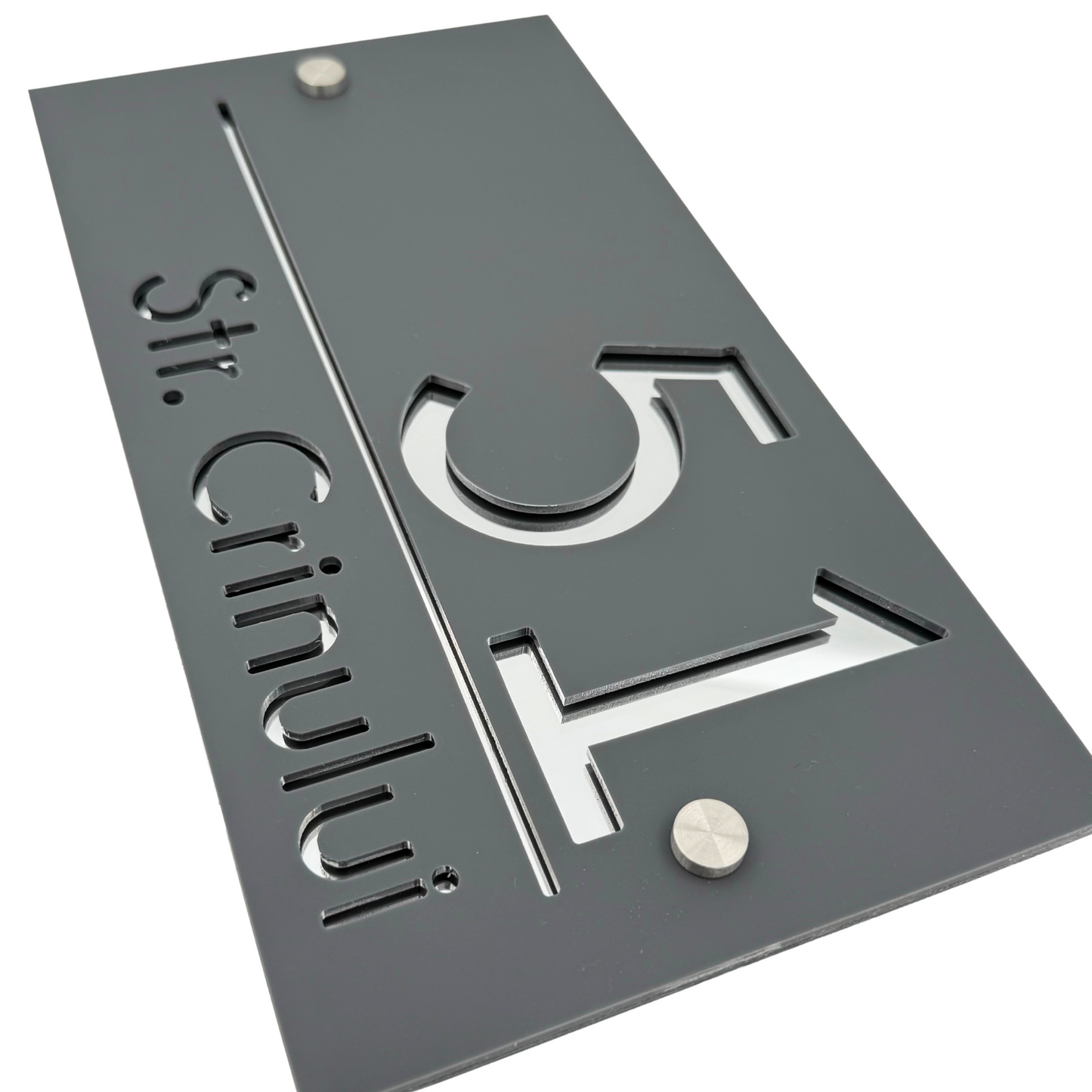 PREMIUM HOUSE NUMBER - Satin Grey Silver Mirror 2 Spacers Silver - 28×15 cm