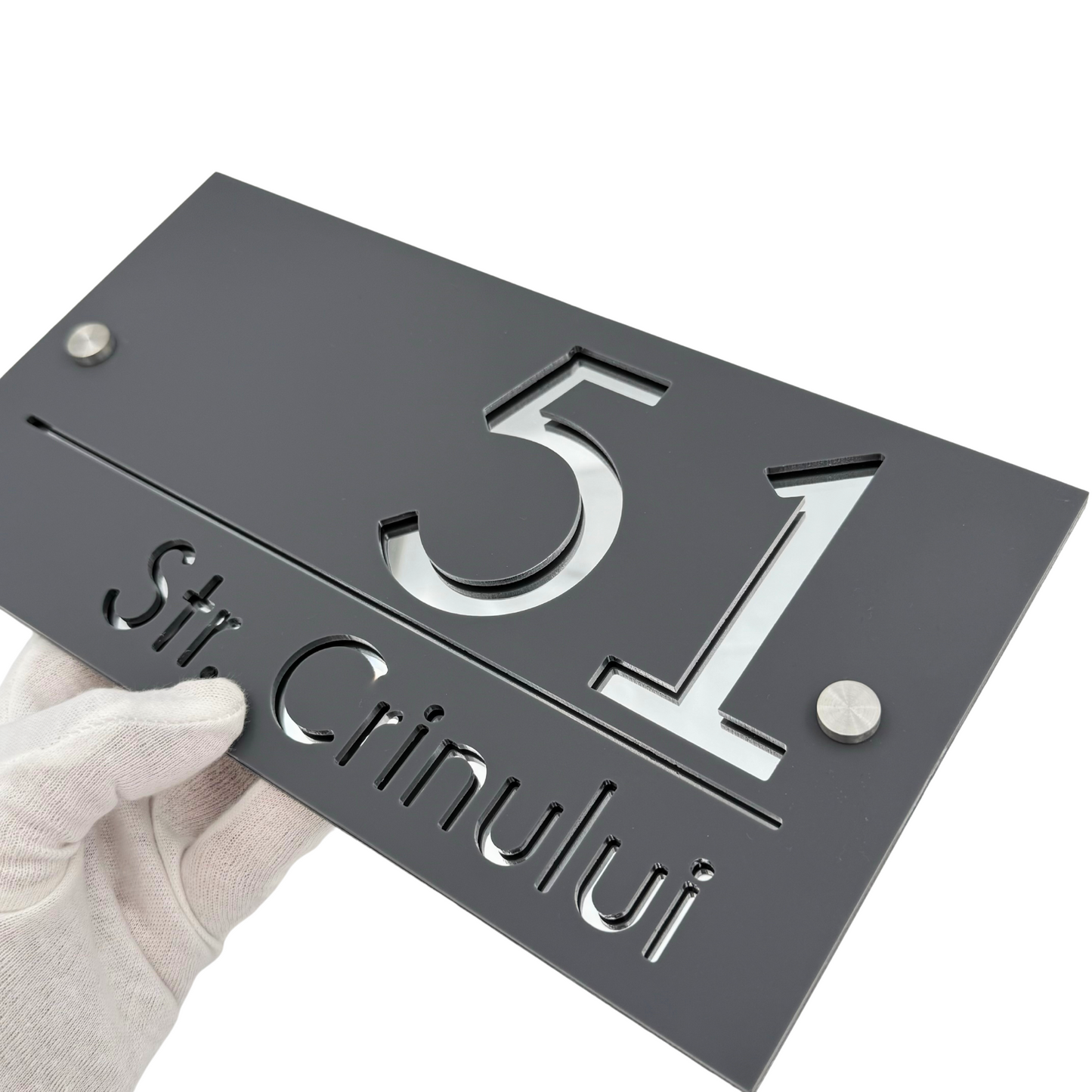 PREMIUM HOUSE NUMBER - Satin Grey Silver Mirror 2 Spacers Silver - 28×15 cm