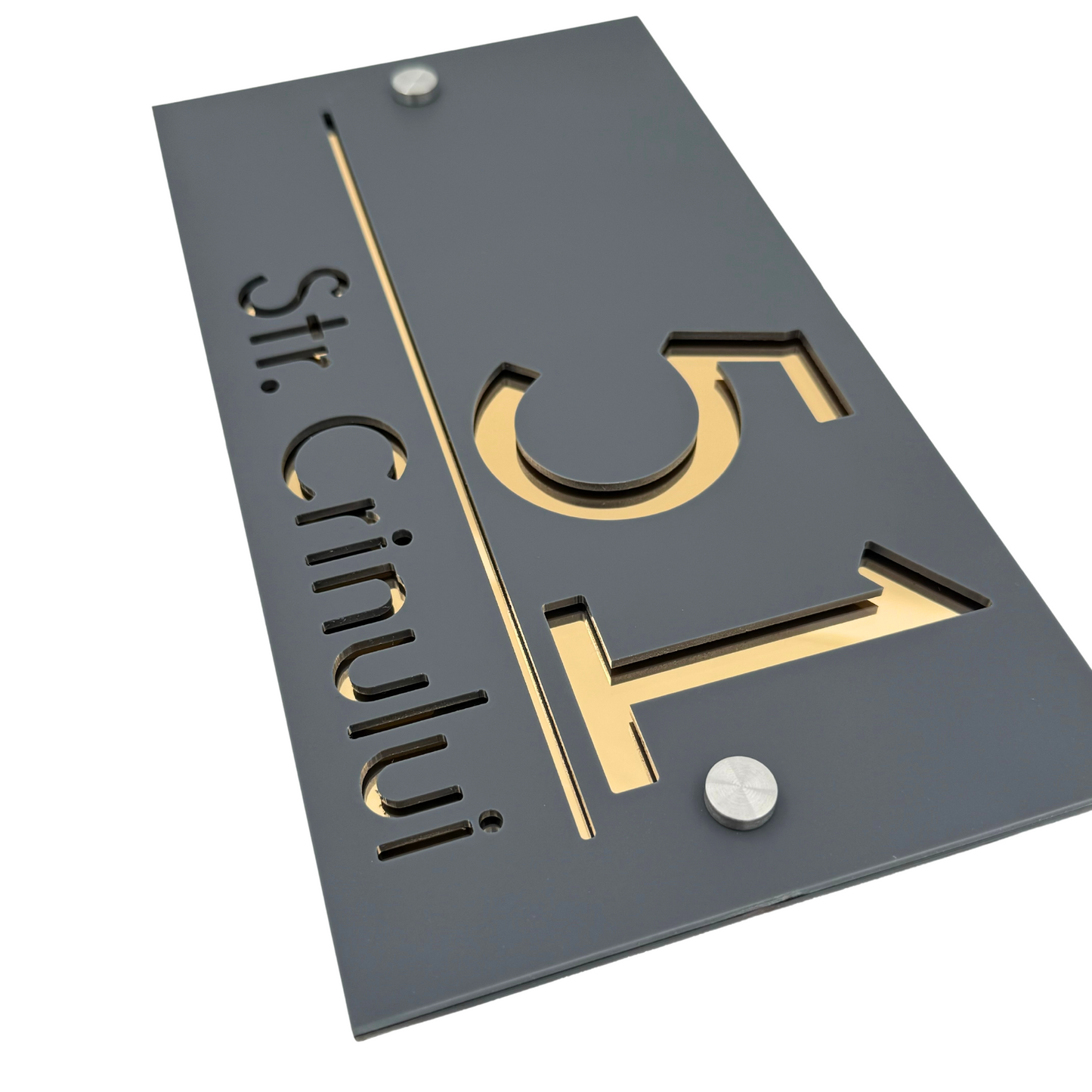 PREMIUM HOUSE NUMBER - Satin Grey Gold Mirror 2 Spacers Silver - 28×15 cm