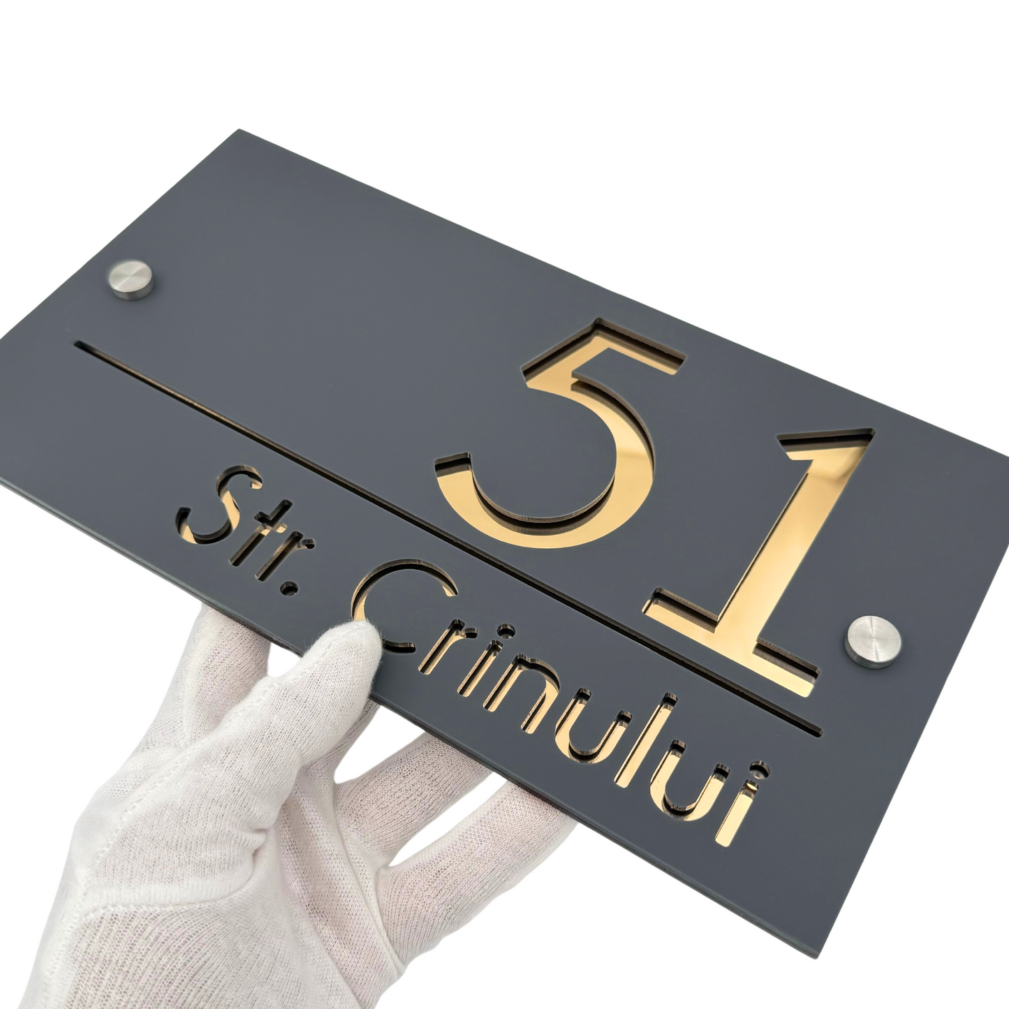 PREMIUM HOUSE NUMBER - Satin Grey Gold Mirror 2 Spacers Silver - 28×15 cm