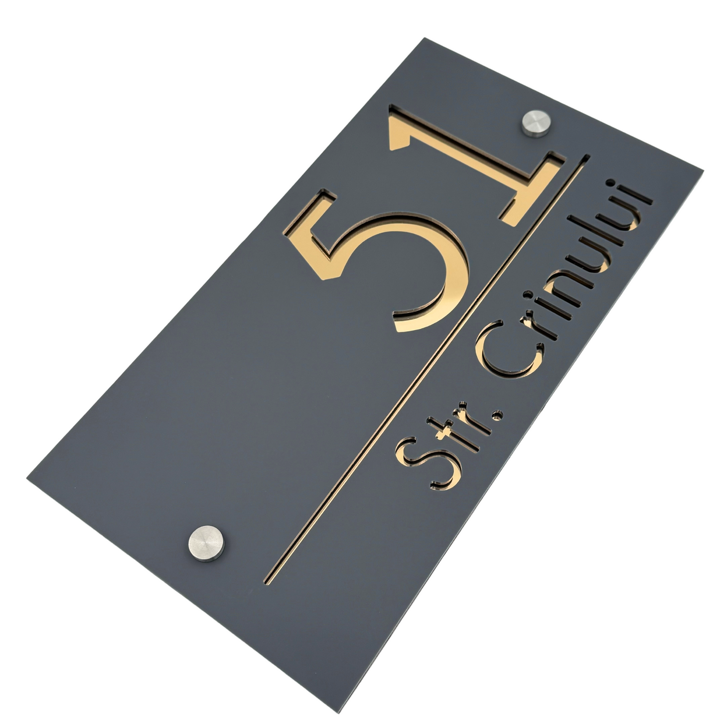 PREMIUM HOUSE NUMBER - Satin Grey Gold Mirror 2 Spacers Silver - 28×15 cm
