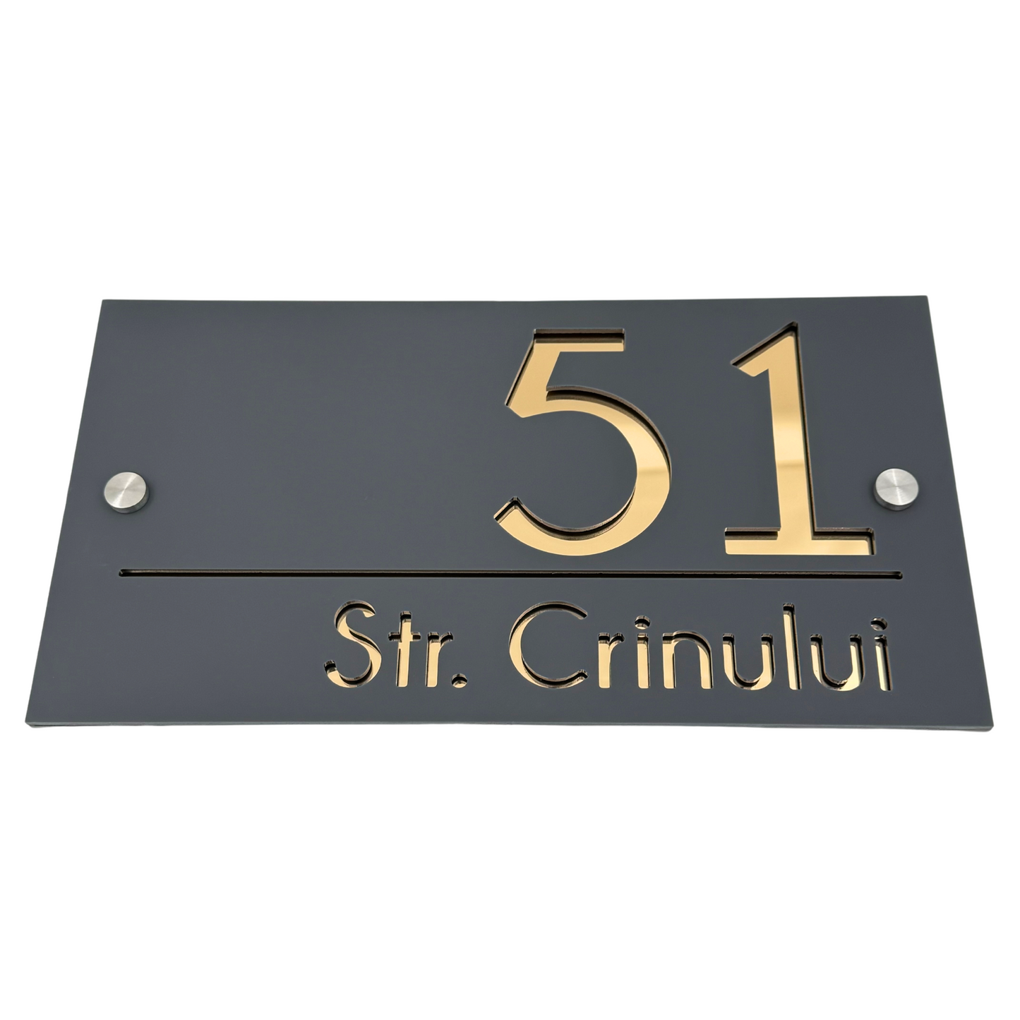 PREMIUM HOUSE NUMBER - Satin Grey Gold Mirror 2 Spacers Silver - 28×15 cm