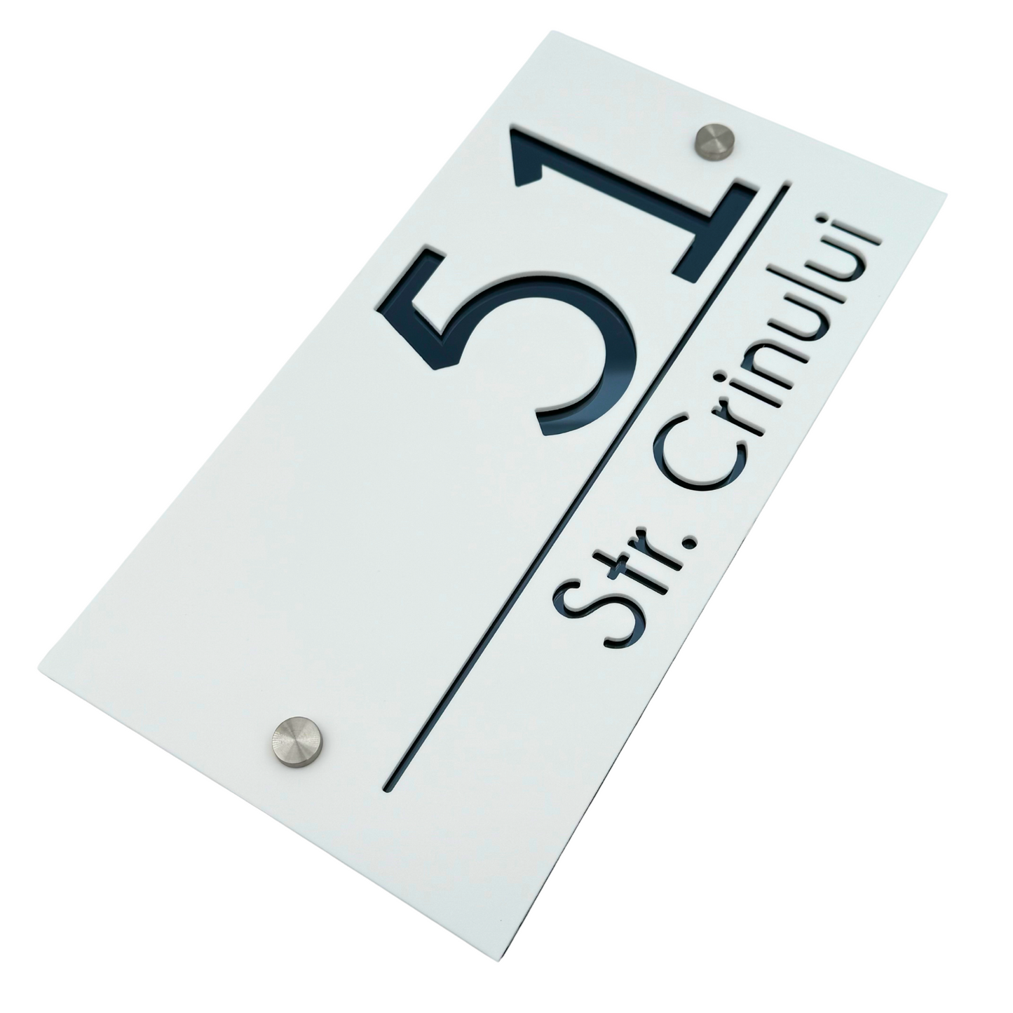 PREMIUM HOUSE NUMBER - White Satin Anthracite Grey Mirror 2 Spacers Silver - 28×15 cm