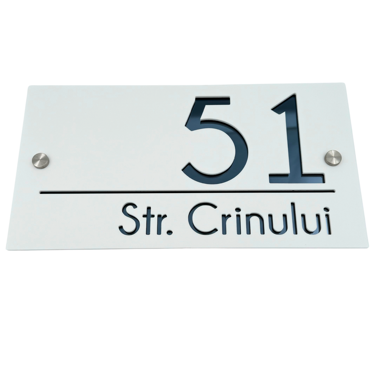 PREMIUM HOUSE NUMBER - White Satin Anthracite Grey Mirror 2 Spacers Silver - 28×15 cm