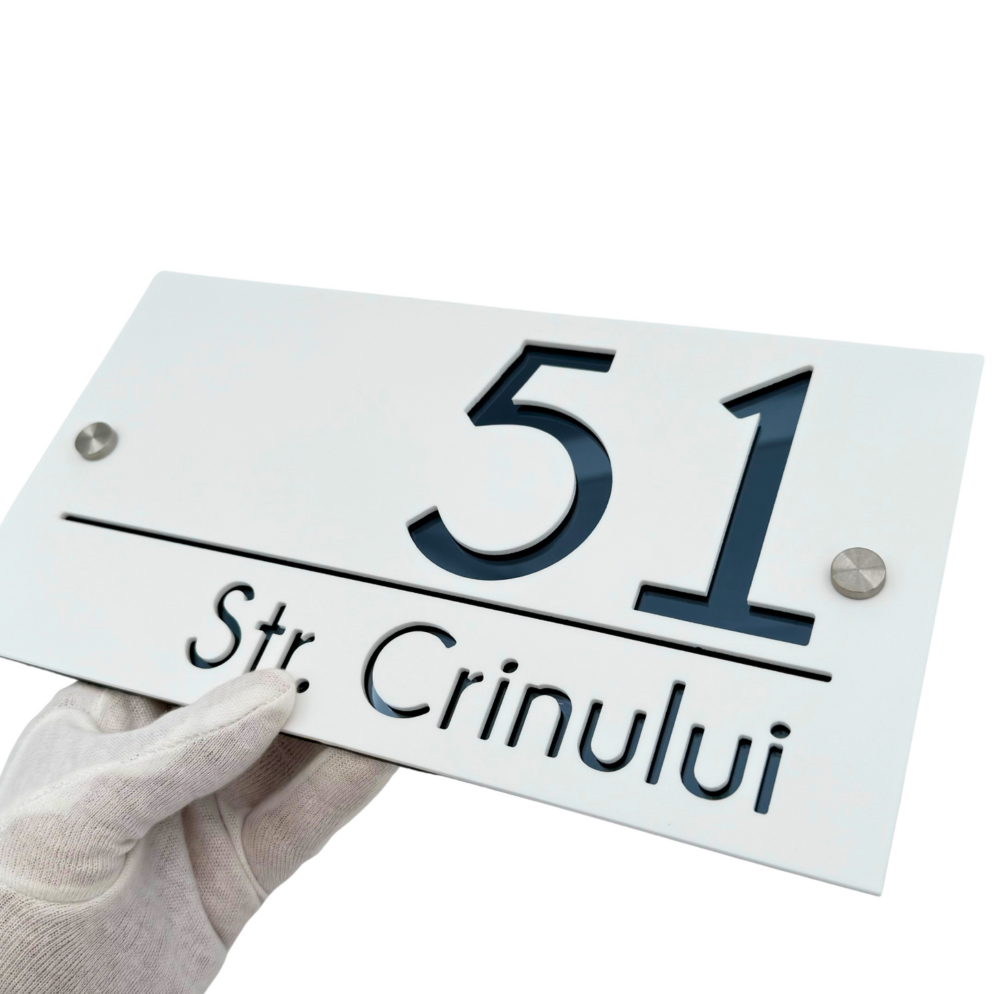 PREMIUM HOUSE NUMBER - White Satin Anthracite Grey Mirror 2 Spacers Silver - 28×15 cm