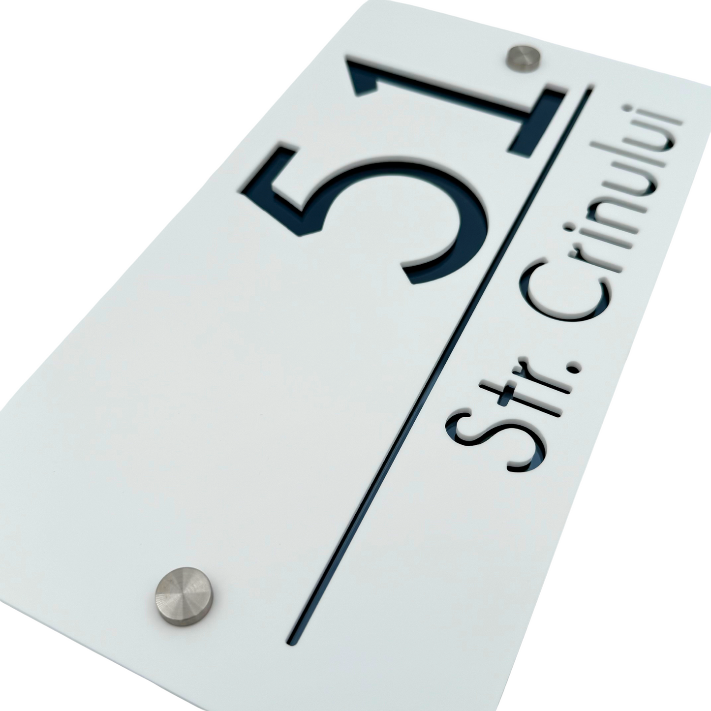 PREMIUM HOUSE NUMBER - White Satin Anthracite Grey Mirror 2 Spacers Silver - 28×15 cm