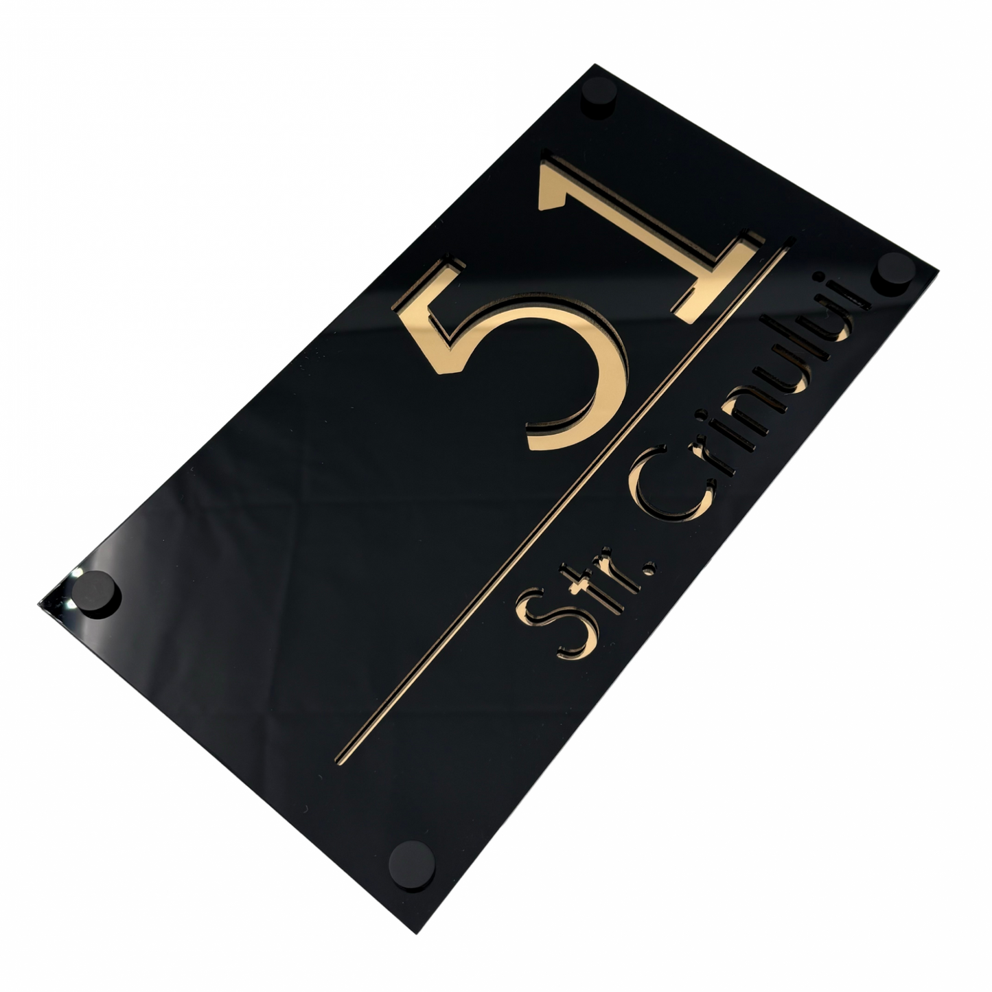 PREMIUM HOUSE NUMBER - Glossy Black Gold Mirror 4 Spacers NeGreyi - 28×15 cm