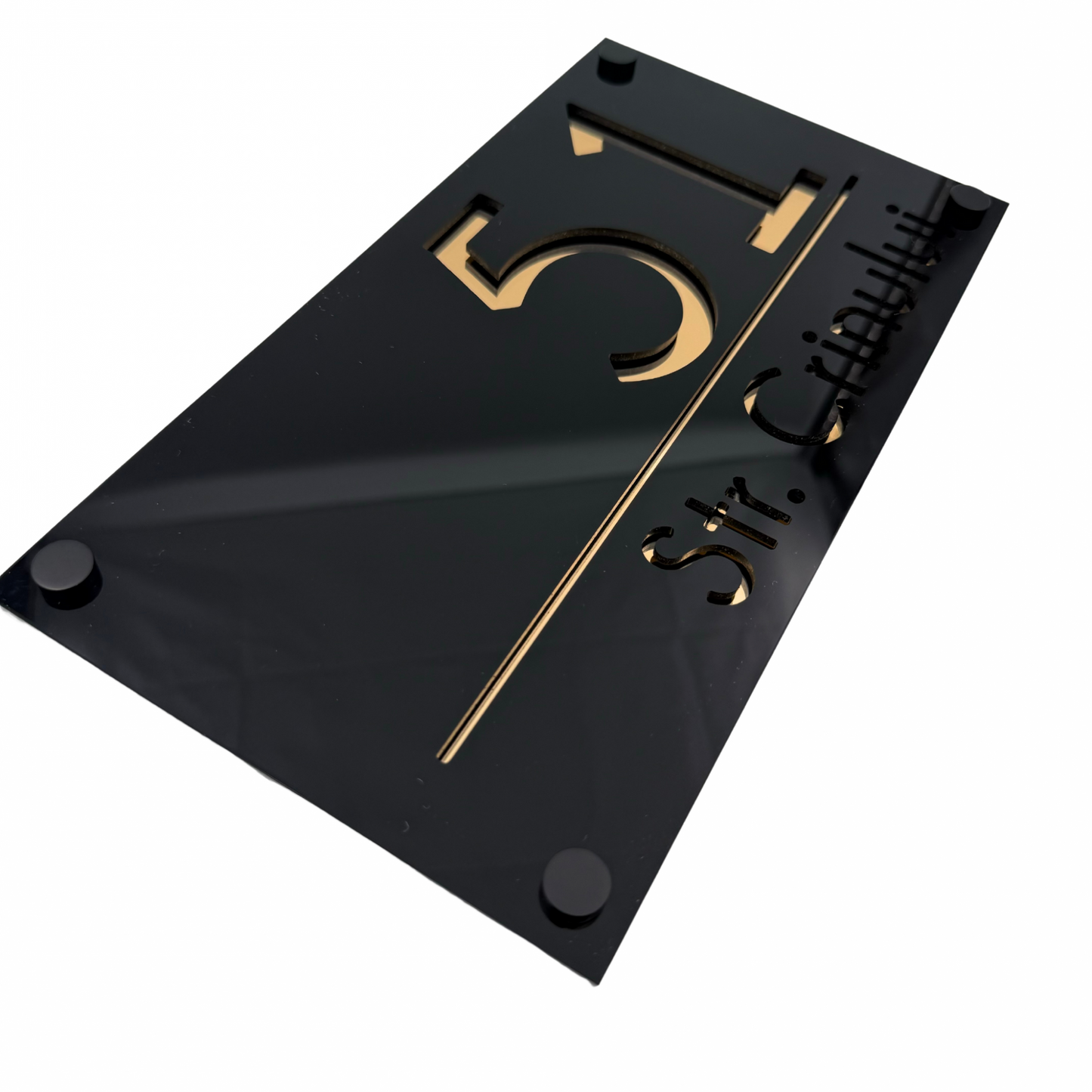 PREMIUM HOUSE NUMBER - Glossy Black Gold Mirror 4 Spacers NeGreyi - 28×15 cm