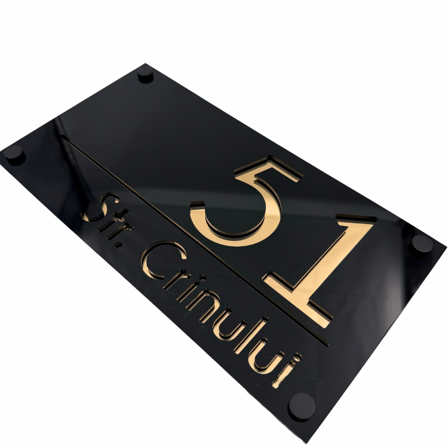 PREMIUM HOUSE NUMBER - Glossy Black Gold Mirror 4 Spacers NeGreyi - 28×15 cm