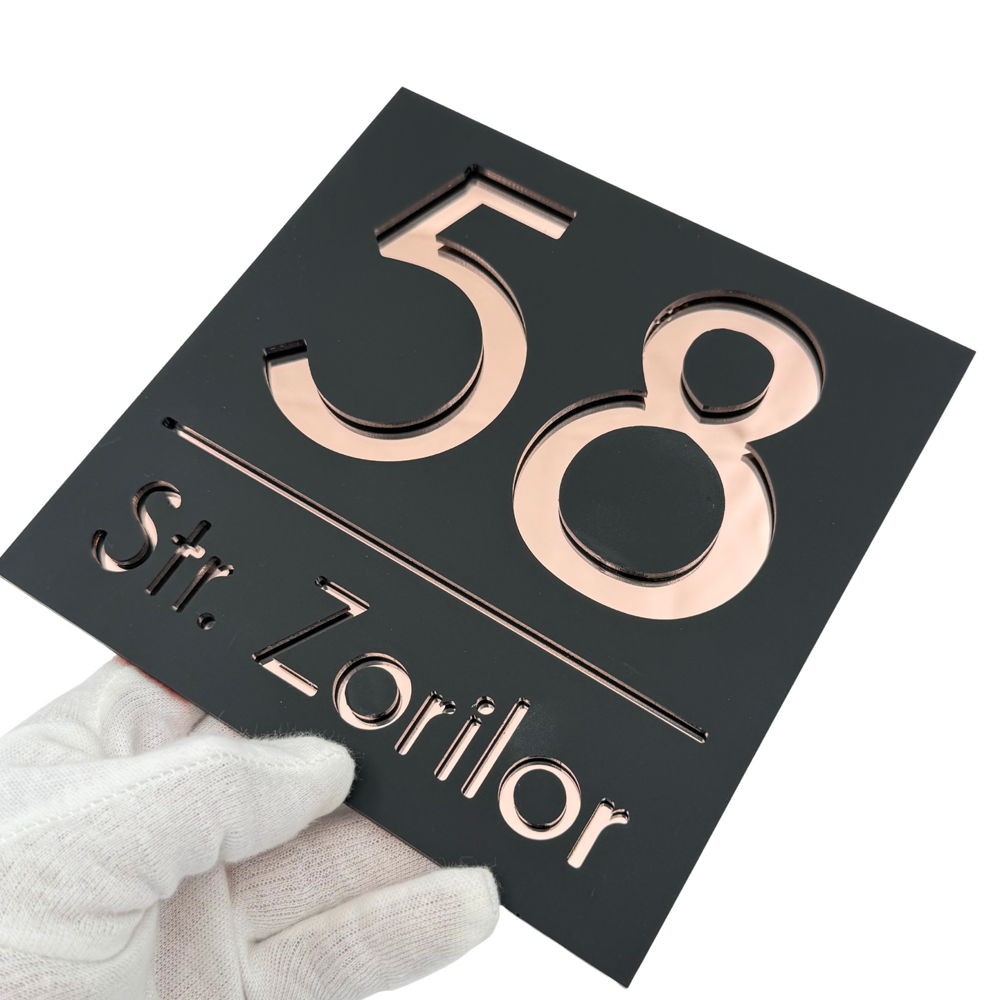 PREMIUM HOUSE NUMBER - Satin Black Rose Gold Mirror - 17×17 cm