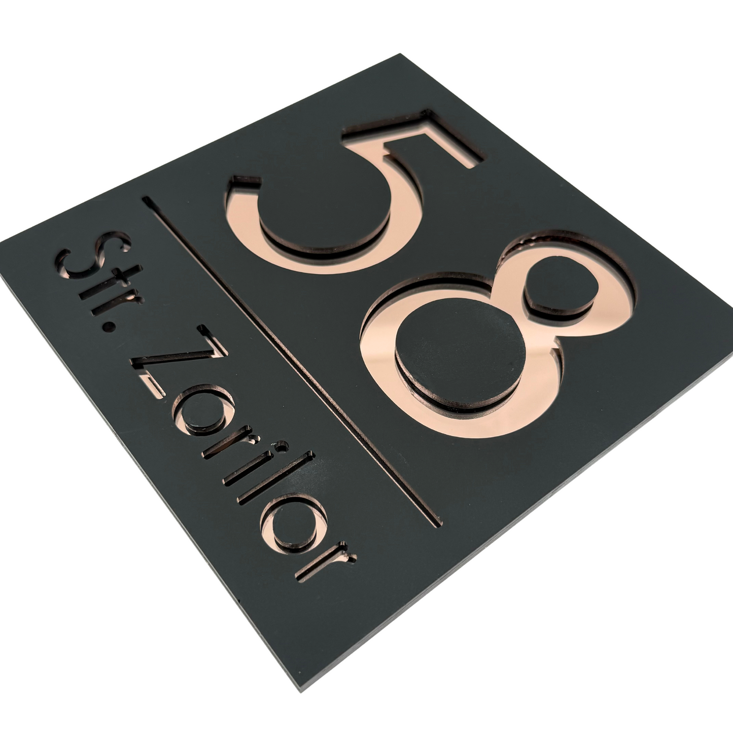 PREMIUM HOUSE NUMBER - Satin Black Rose Gold Mirror - 17×17 cm