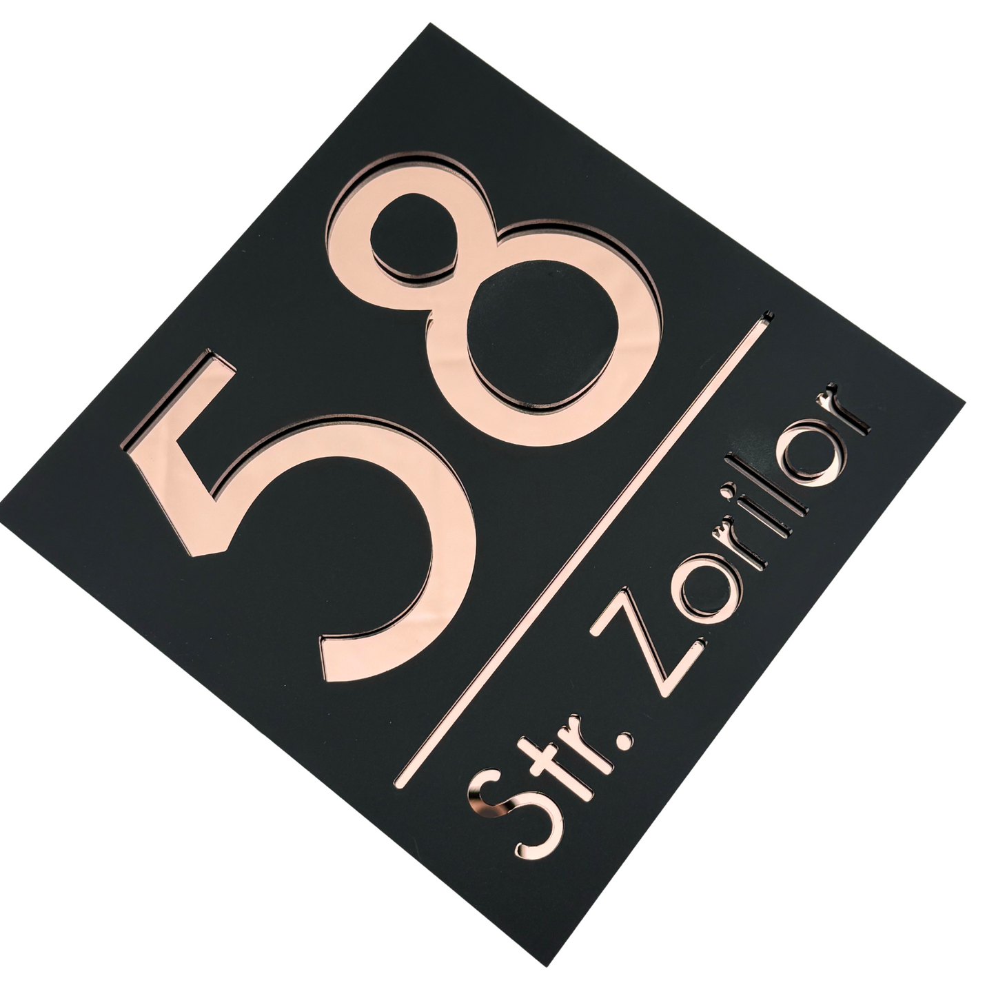 PREMIUM HOUSE NUMBER - Satin Black Rose Gold Mirror - 17×17 cm