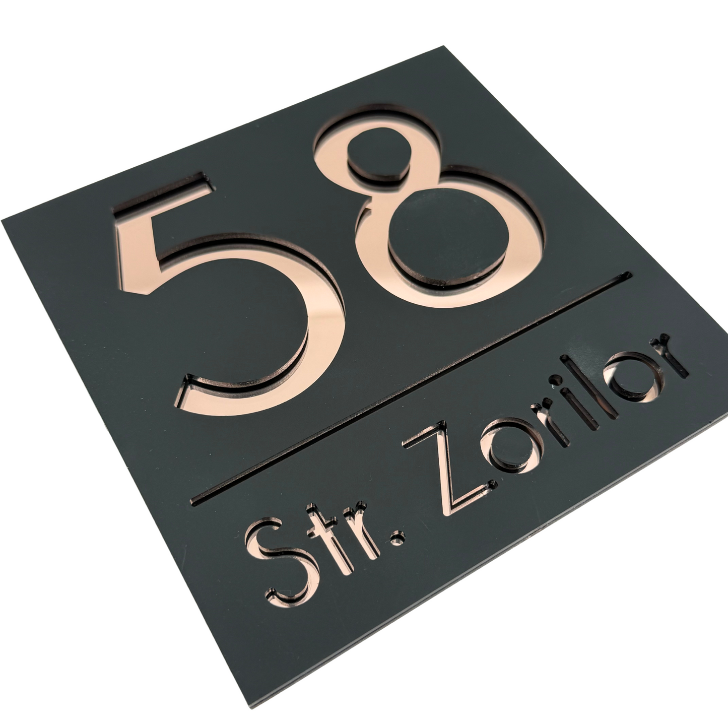PREMIUM HOUSE NUMBER - Satin Black Rose Gold Mirror - 17×17 cm