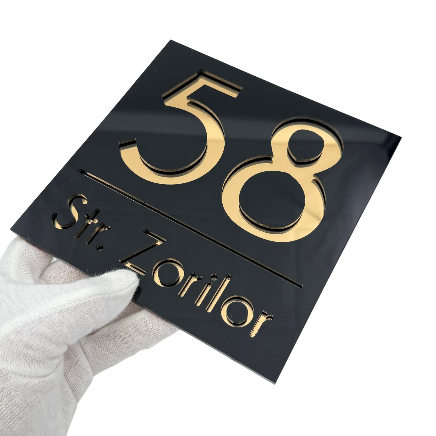 PREMIUM HOUSE NUMBER - Glossy Black Gold Mirror - 17×17 cm