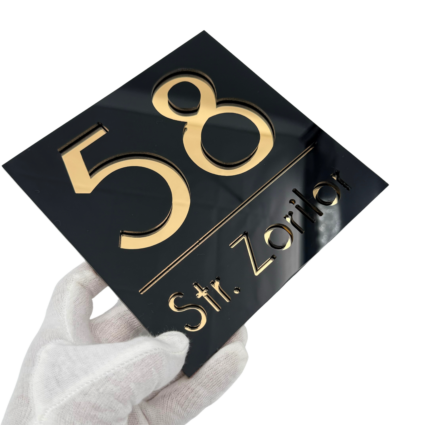 PREMIUM HOUSE NUMBER - Glossy Black Gold Mirror - 17×17 cm