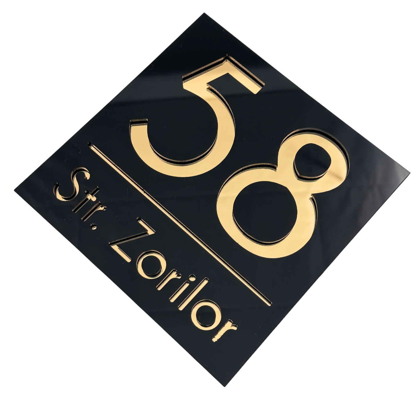 PREMIUM HOUSE NUMBER - Glossy Black Gold Mirror - 17×17 cm