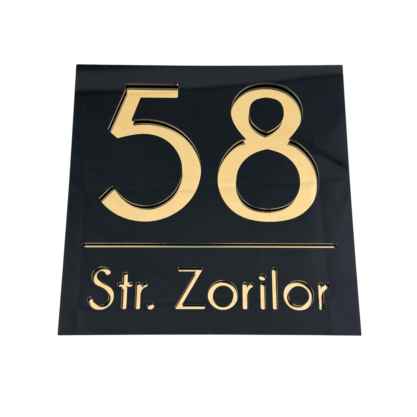 PREMIUM HOUSE NUMBER - Glossy Black Gold Mirror - 17×17 cm