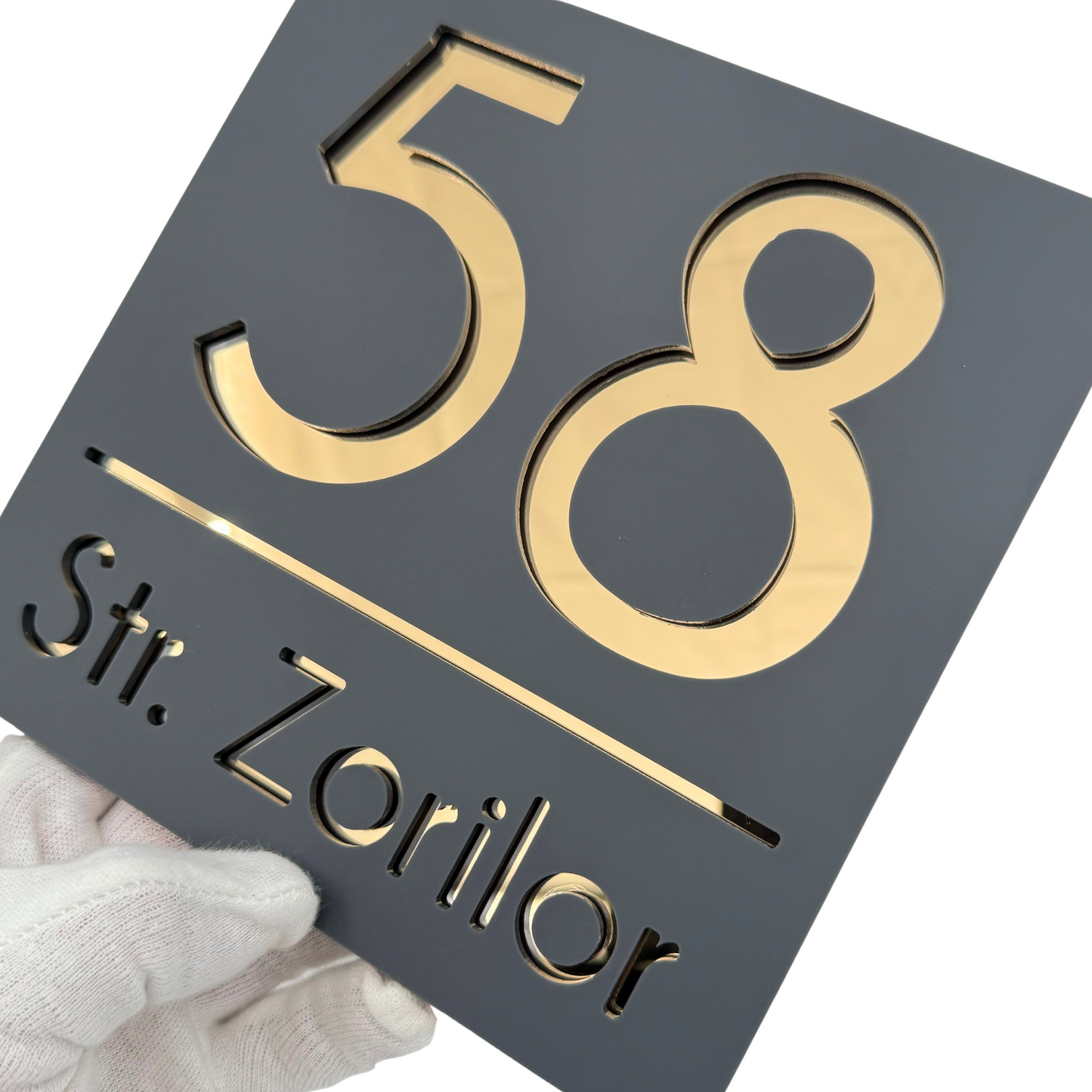 PREMIUM HOUSE NUMBER - Satin Grey Gold Mirror - 17×17 cm
