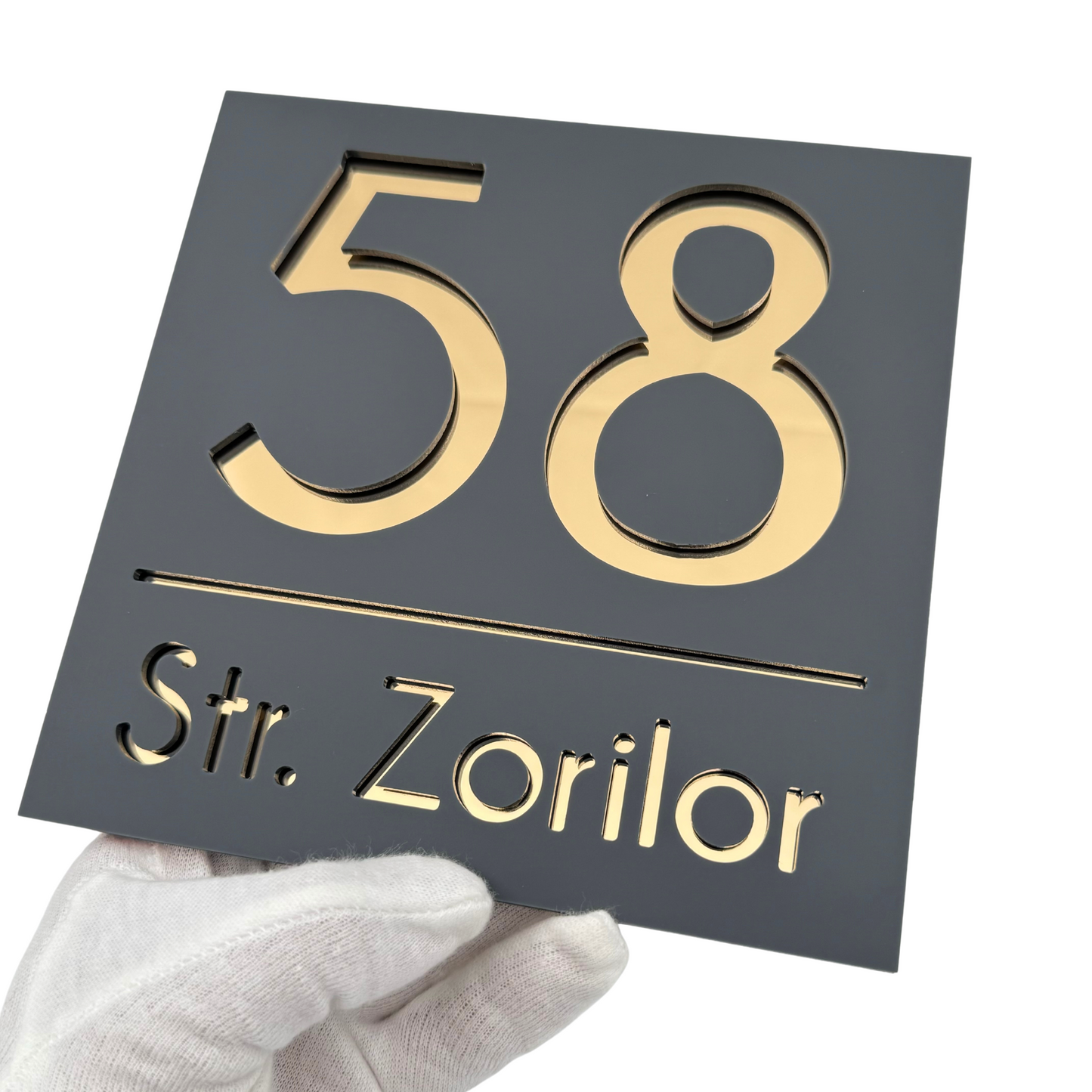 PREMIUM HOUSE NUMBER - Satin Grey Gold Mirror - 17×17 cm