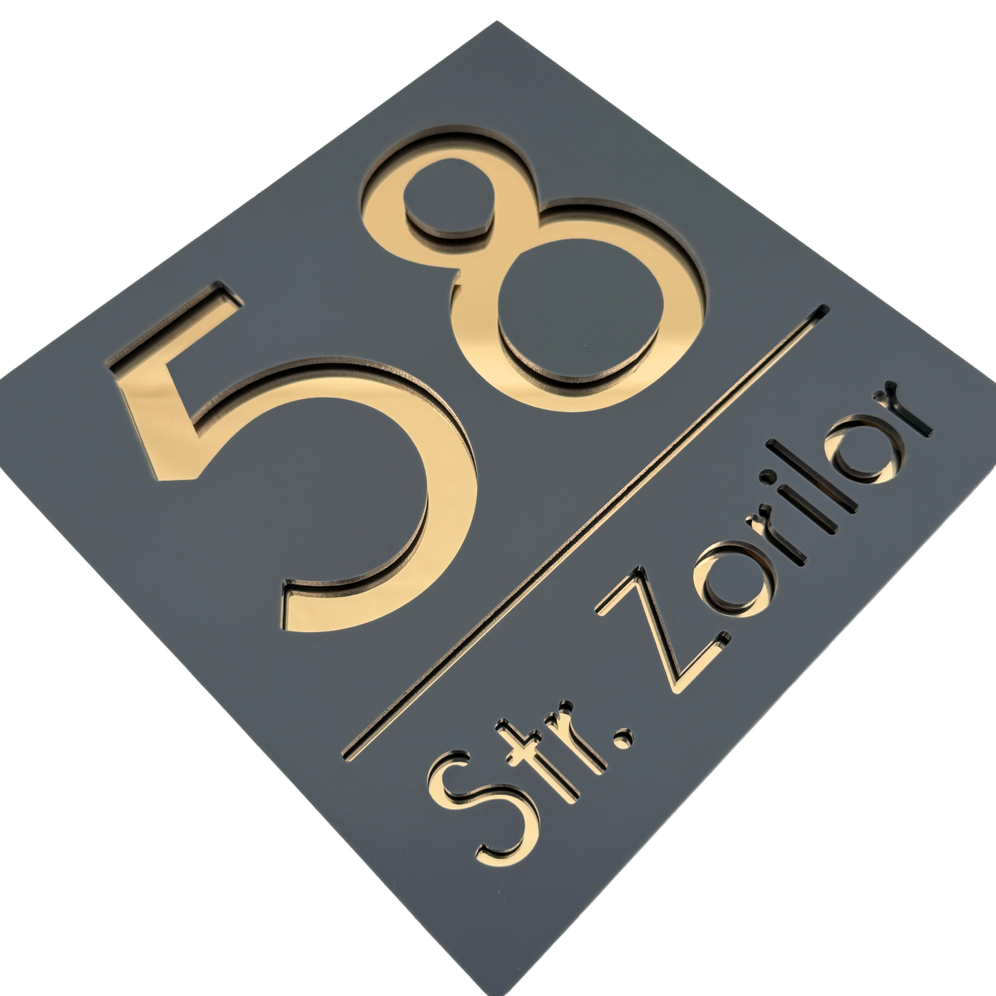 PREMIUM HOUSE NUMBER - Satin Grey Gold Mirror - 17×17 cm