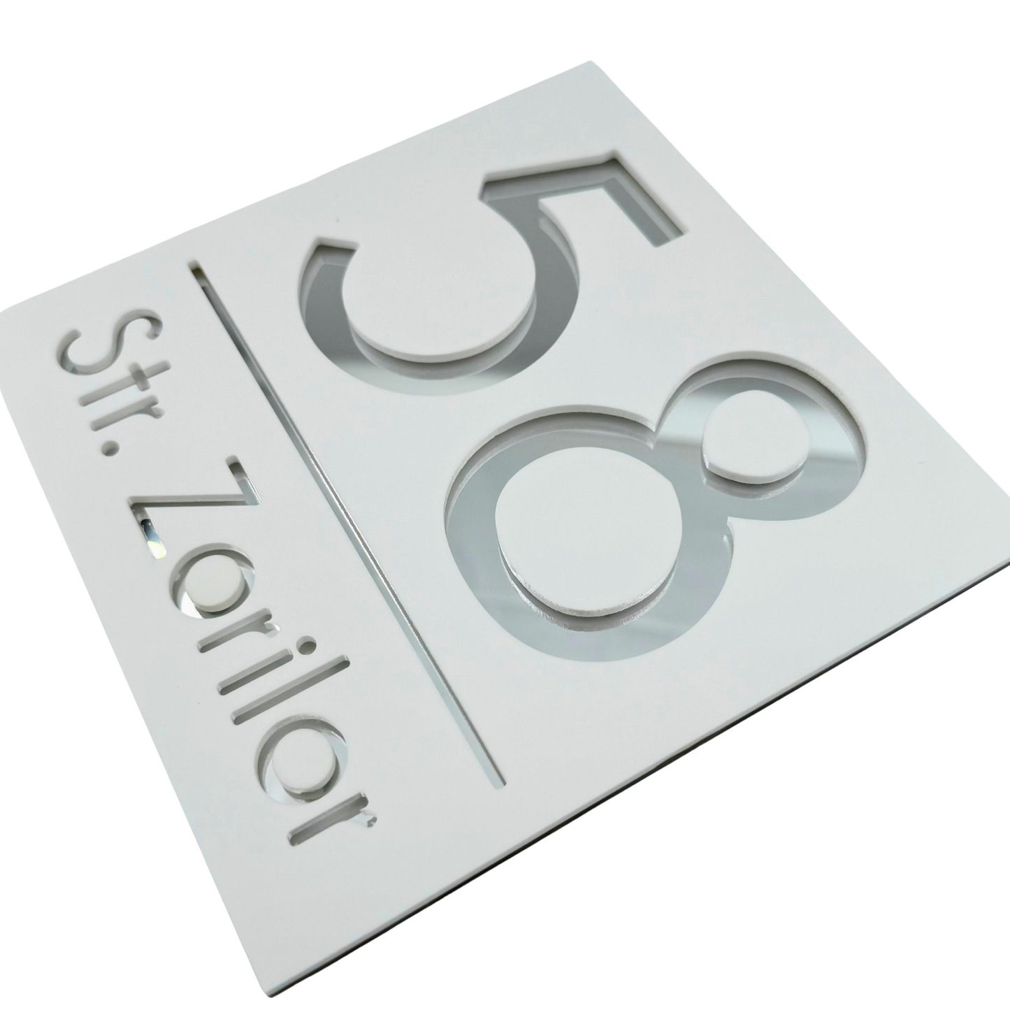 PREMIUM HOUSE NUMBER - White Satin Silver Mirror - 17×17 cm