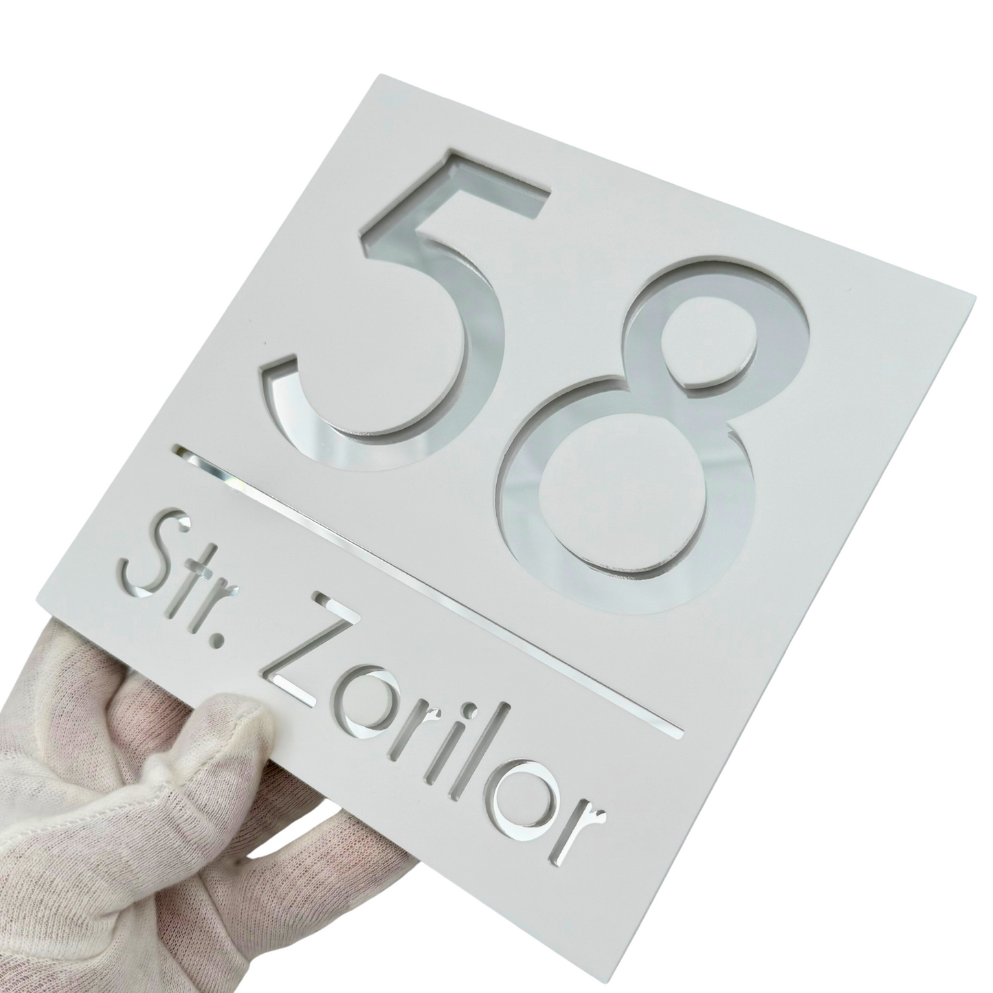 PREMIUM HOUSE NUMBER - White Satin Silver Mirror - 17×17 cm