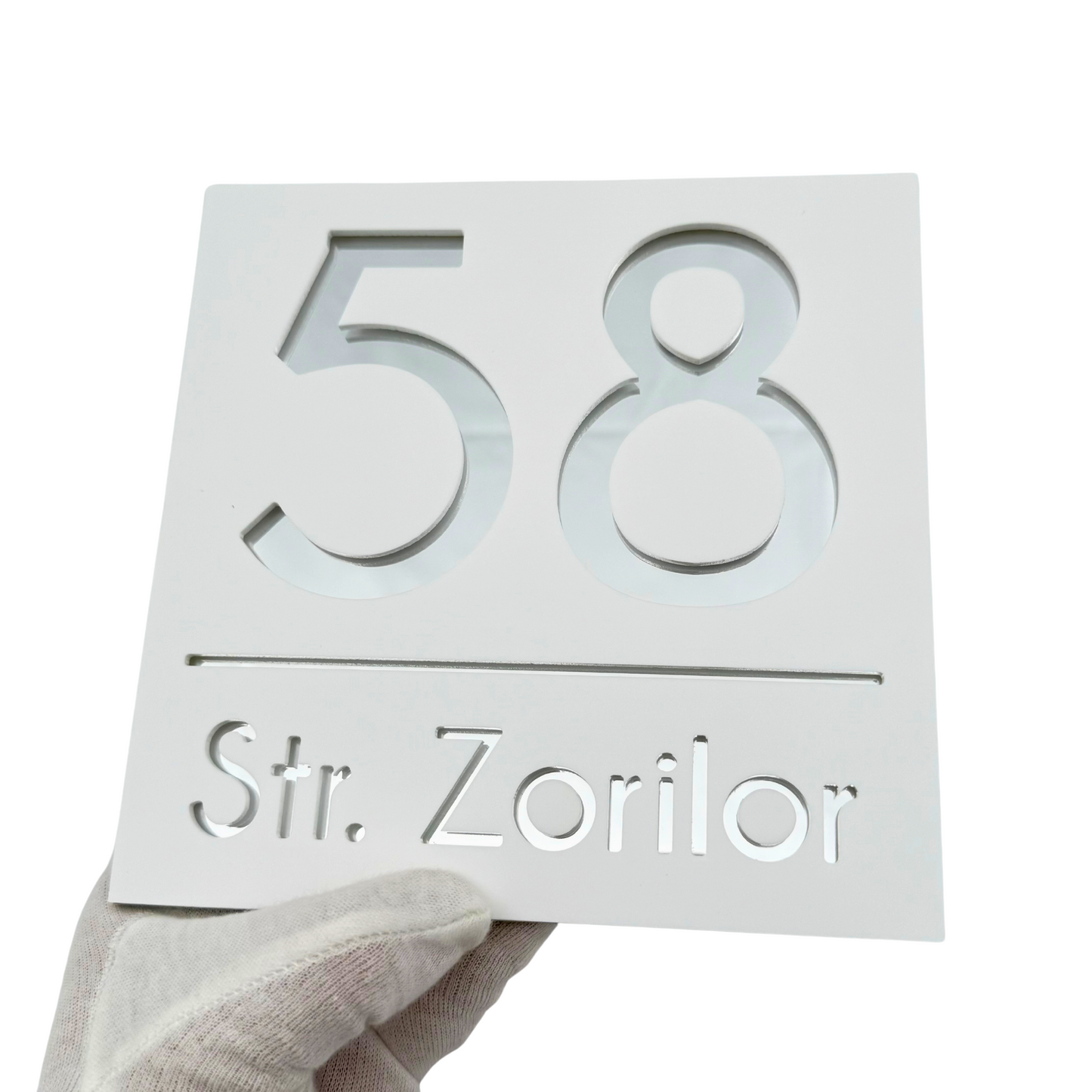 PREMIUM HOUSE NUMBER - White Satin Silver Mirror - 17×17 cm