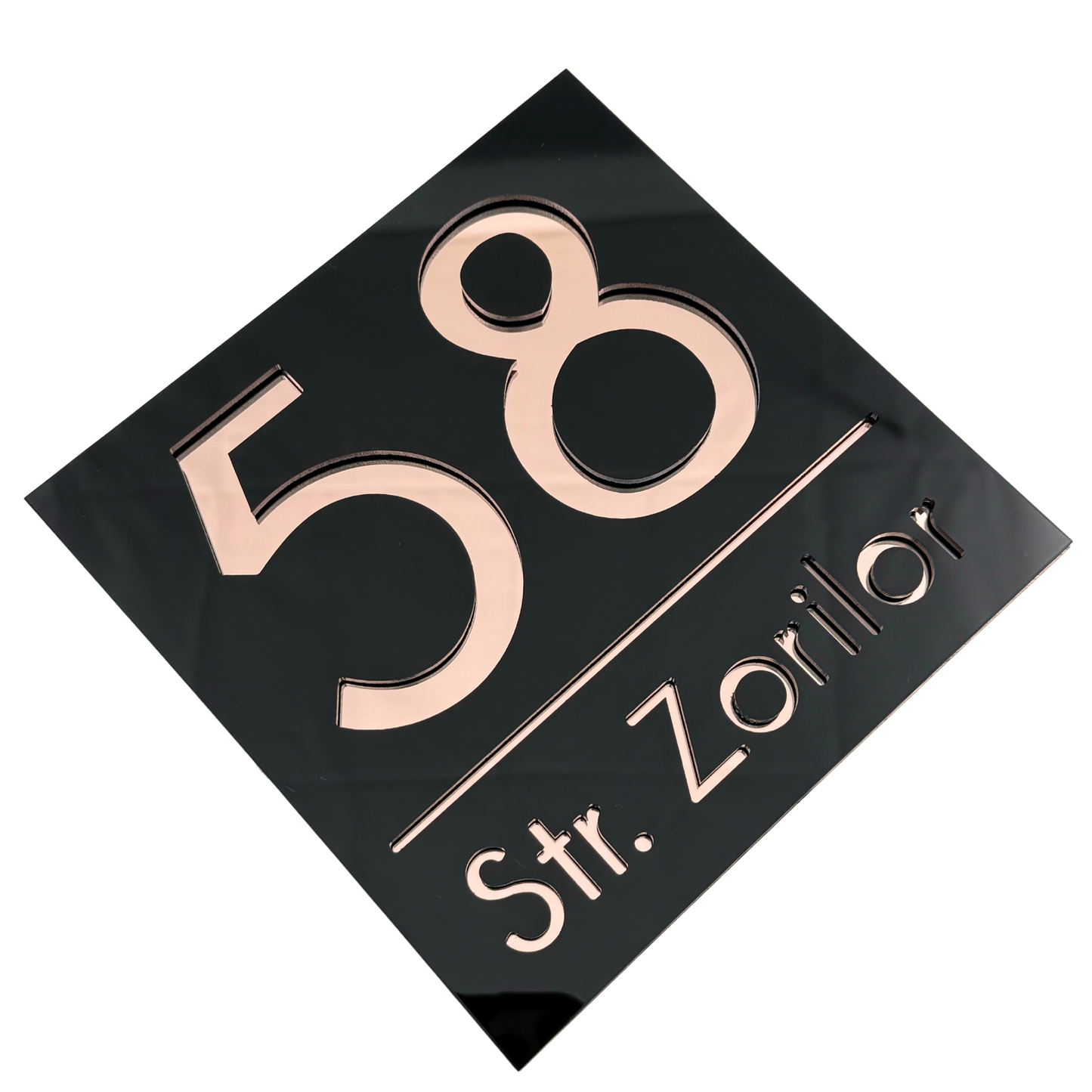 PREMIUM HOUSE NUMBER - Glossy Black Rose Gold Mirror - 17×17 cm