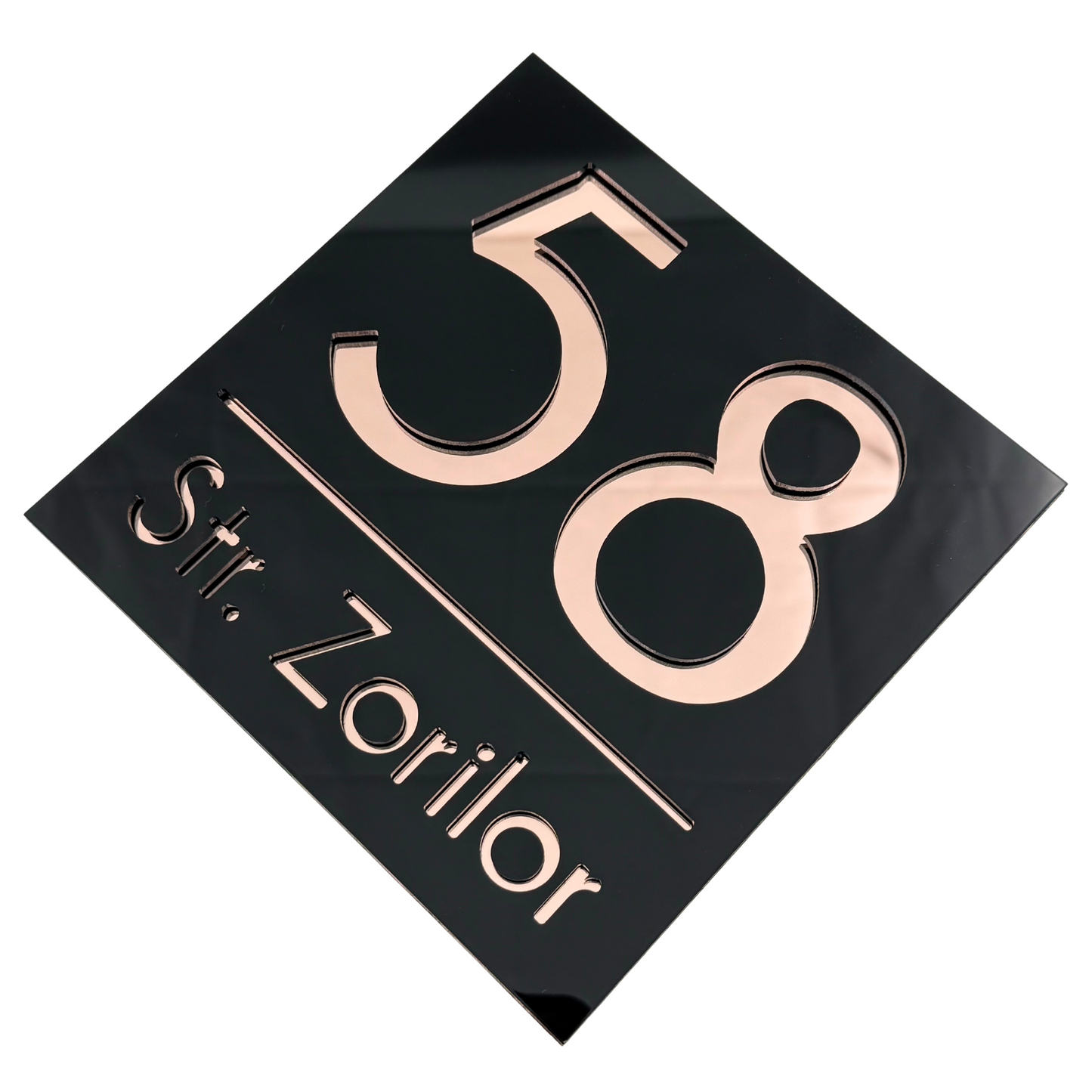 PREMIUM HOUSE NUMBER - Glossy Black Rose Gold Mirror - 17×17 cm