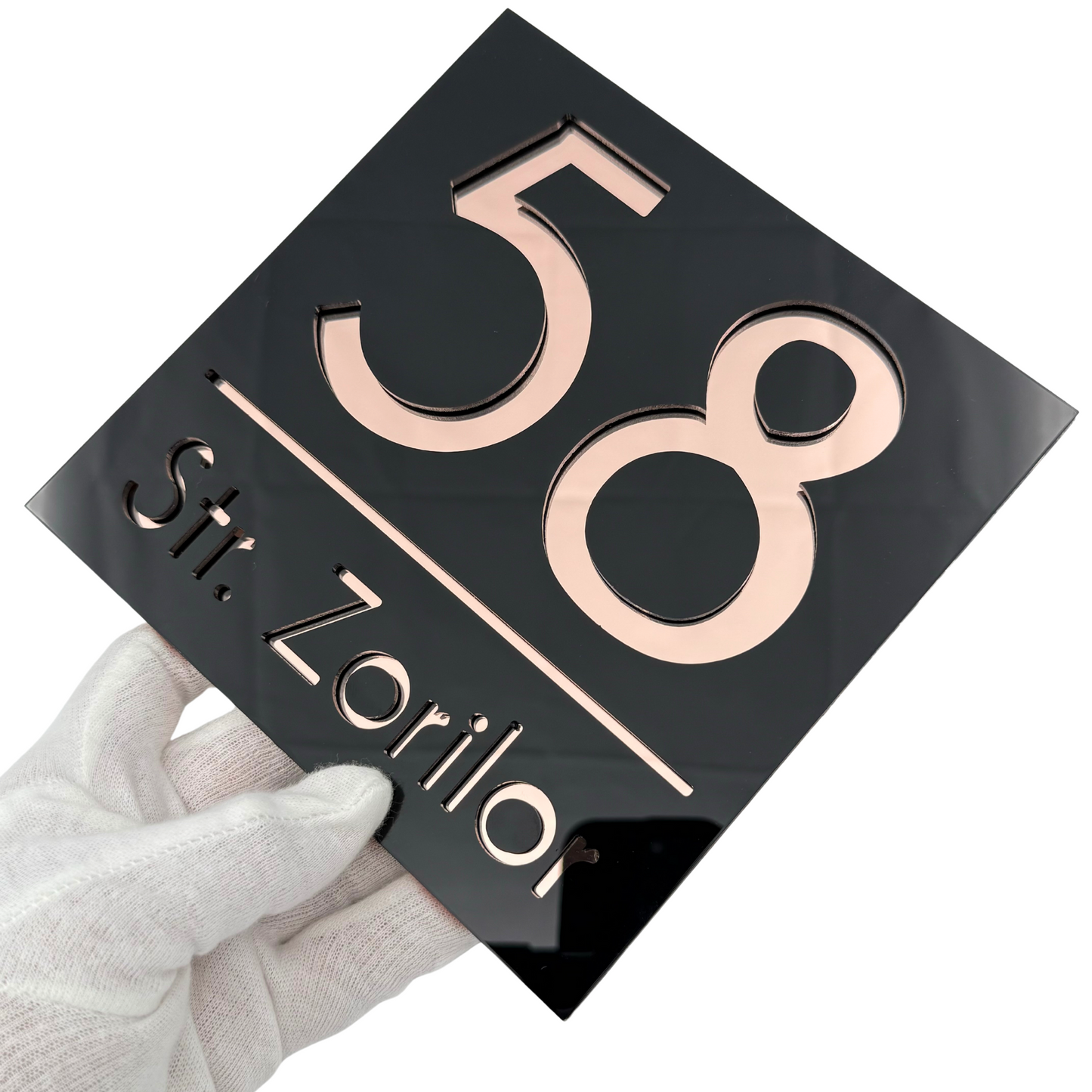 PREMIUM HOUSE NUMBER - Glossy Black Rose Gold Mirror - 17×17 cm