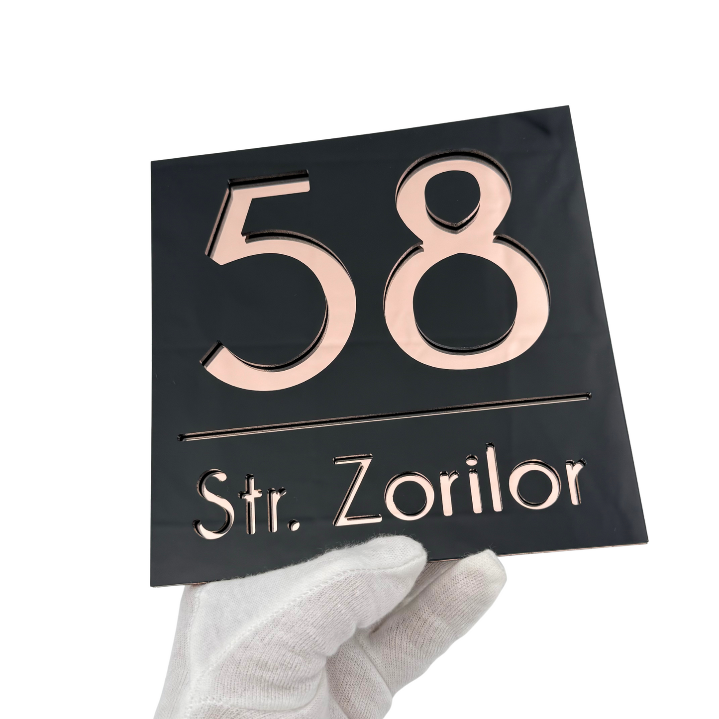 PREMIUM HOUSE NUMBER - Glossy Black Rose Gold Mirror - 17×17 cm