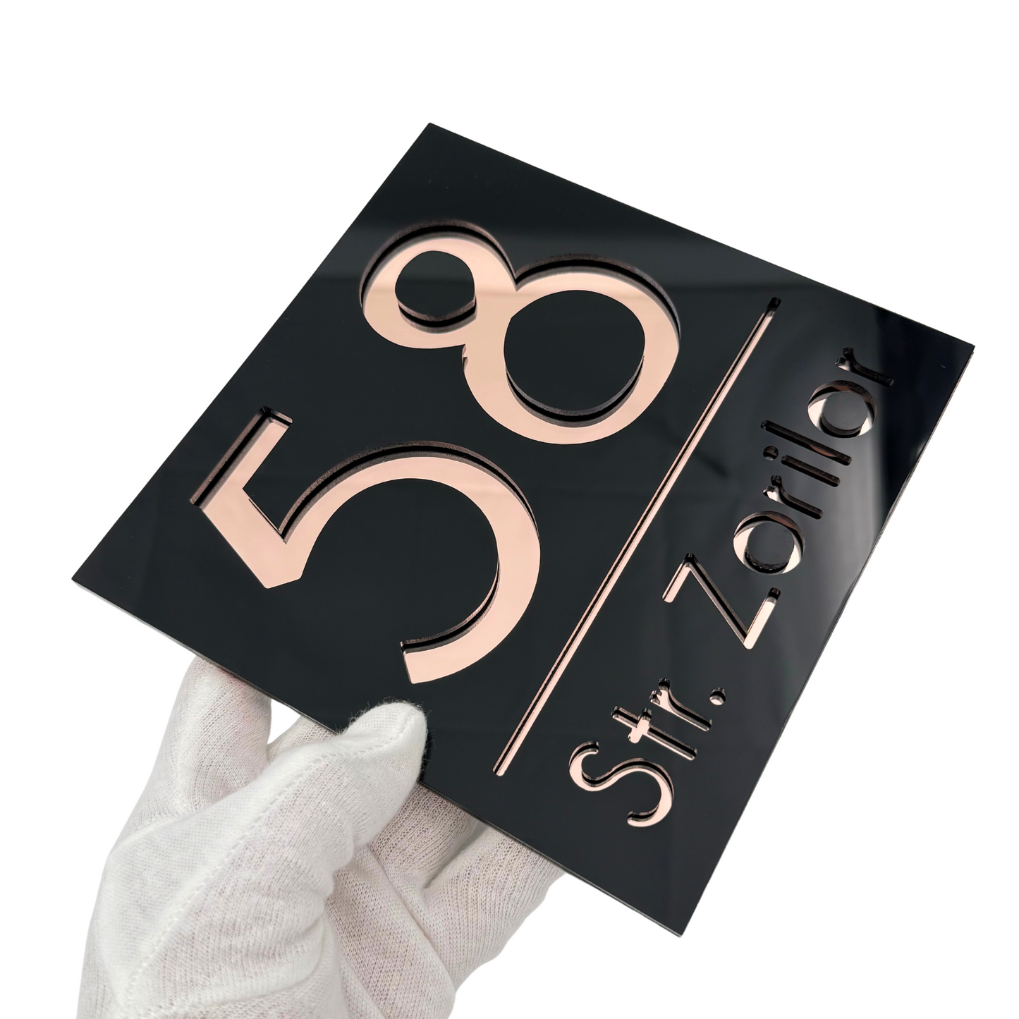 PREMIUM HOUSE NUMBER - Glossy Black Rose Gold Mirror - 17×17 cm