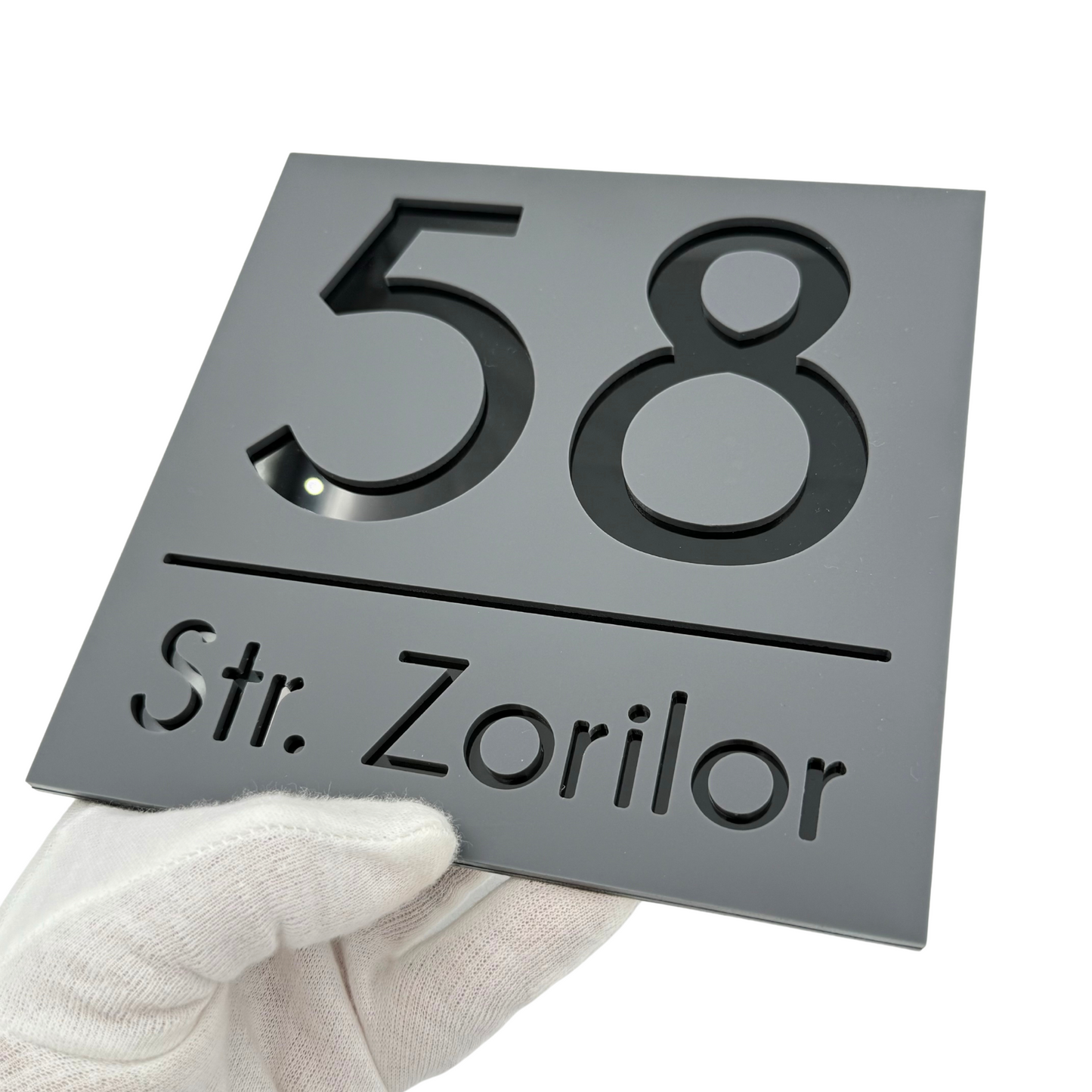 PREMIUM HOUSE NUMBER - Satin Grey Glossy Black - 17×17 cm