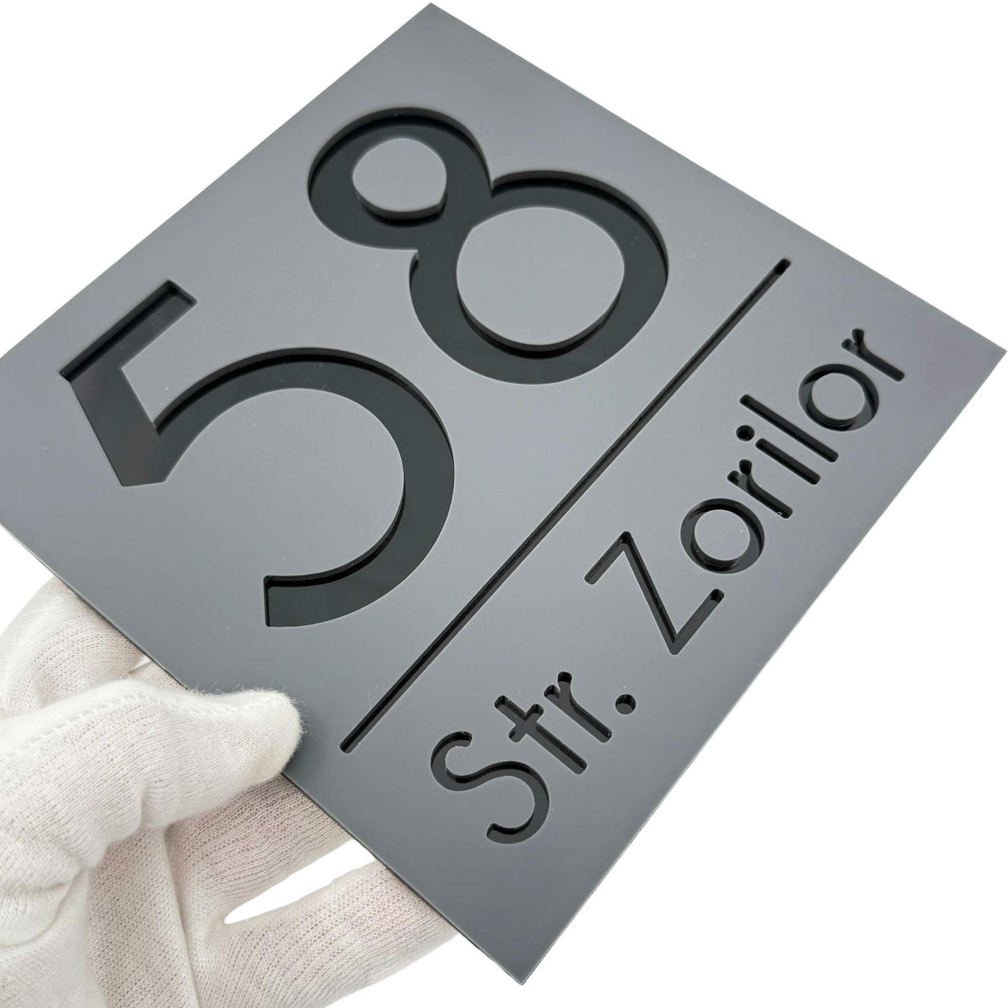 PREMIUM HOUSE NUMBER - Satin Grey Glossy Black - 17×17 cm