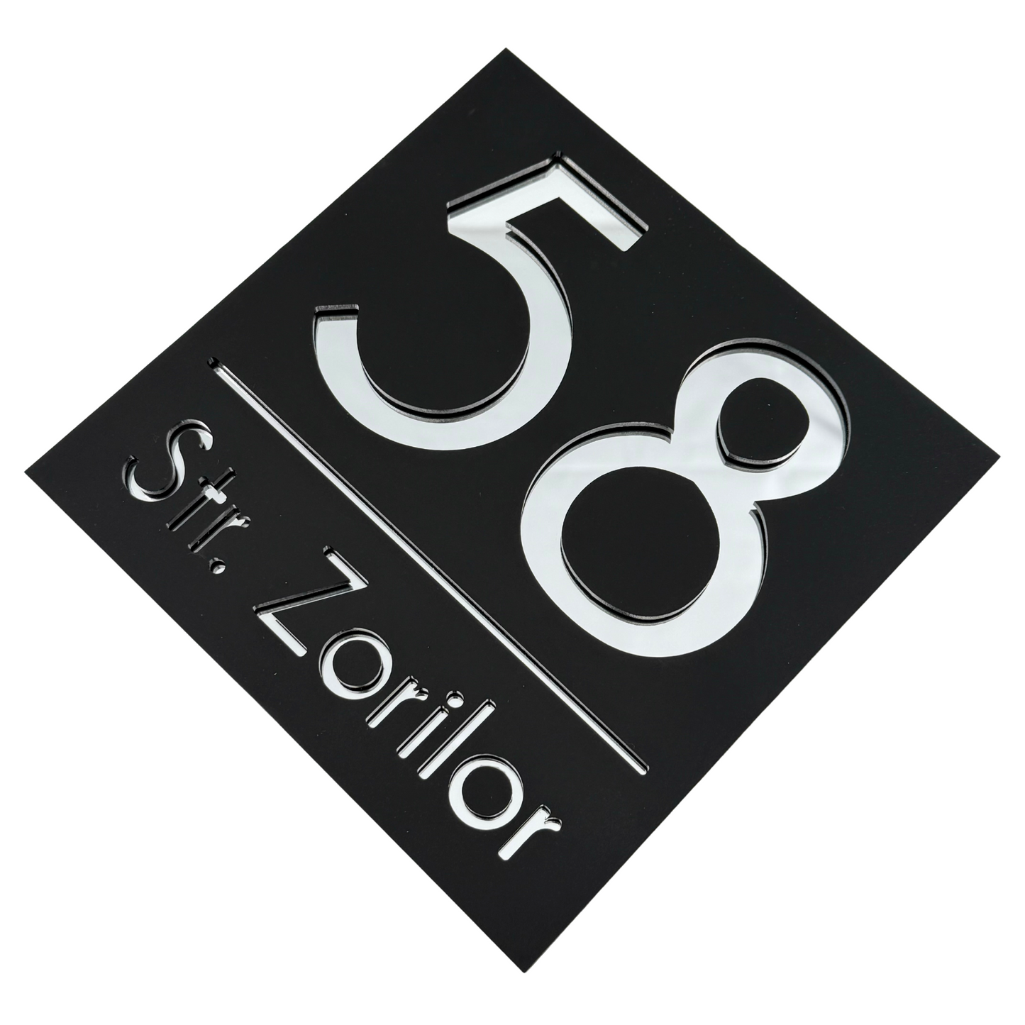 PREMIUM HOUSE NUMBER - Satin Black Silver Mirror - 17×17 cm