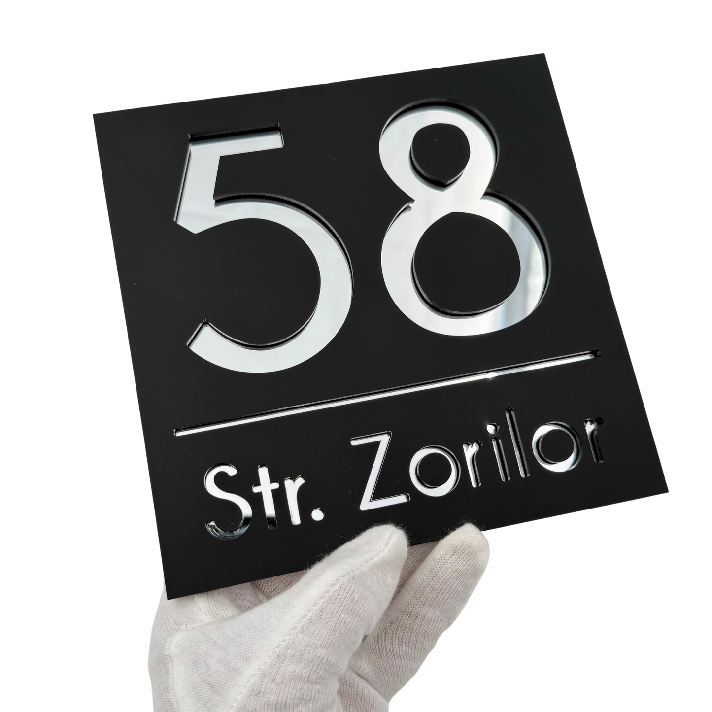 PREMIUM HOUSE NUMBER - Satin Black Silver Mirror - 17×17 cm
