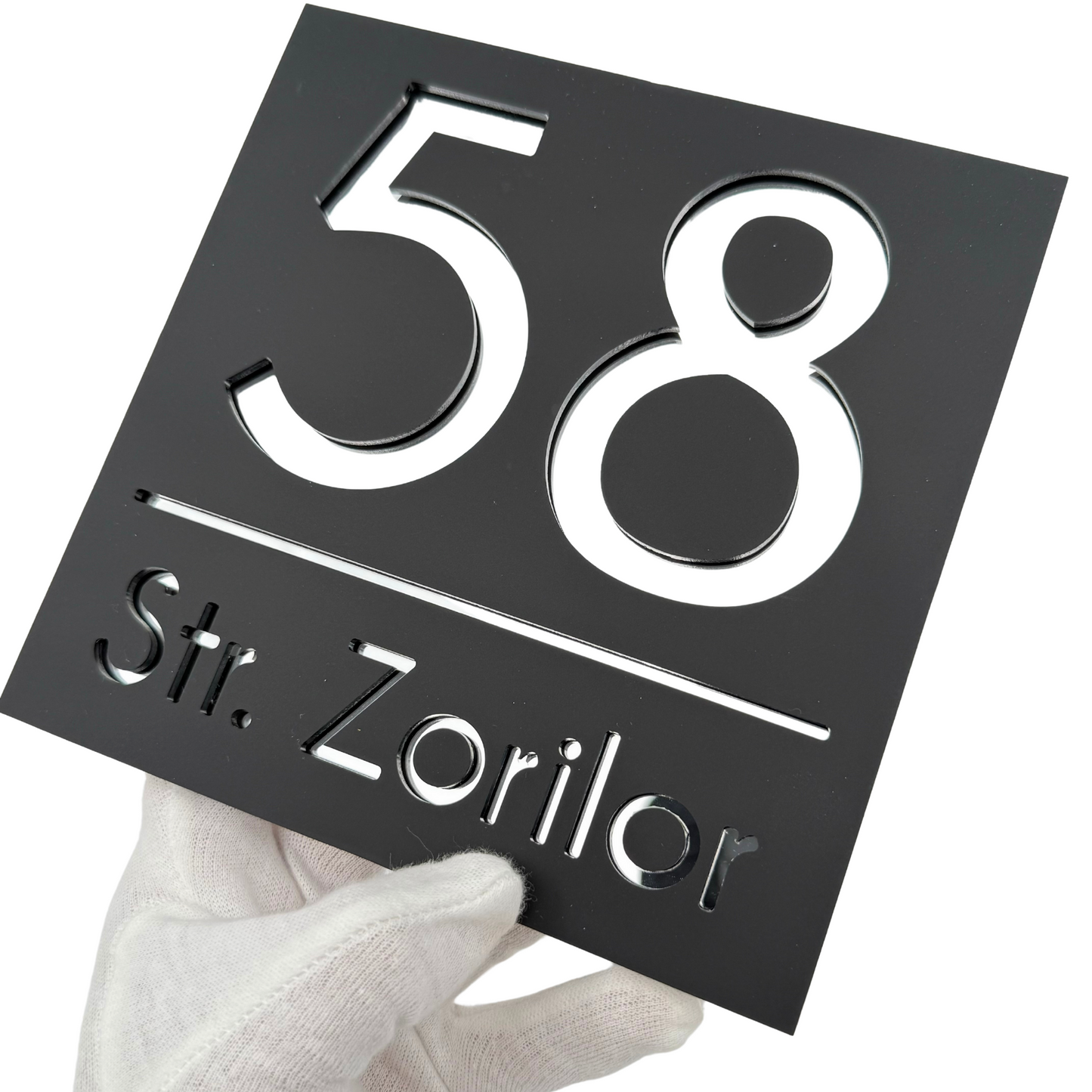 PREMIUM HOUSE NUMBER - Satin Black Silver Mirror - 17×17 cm