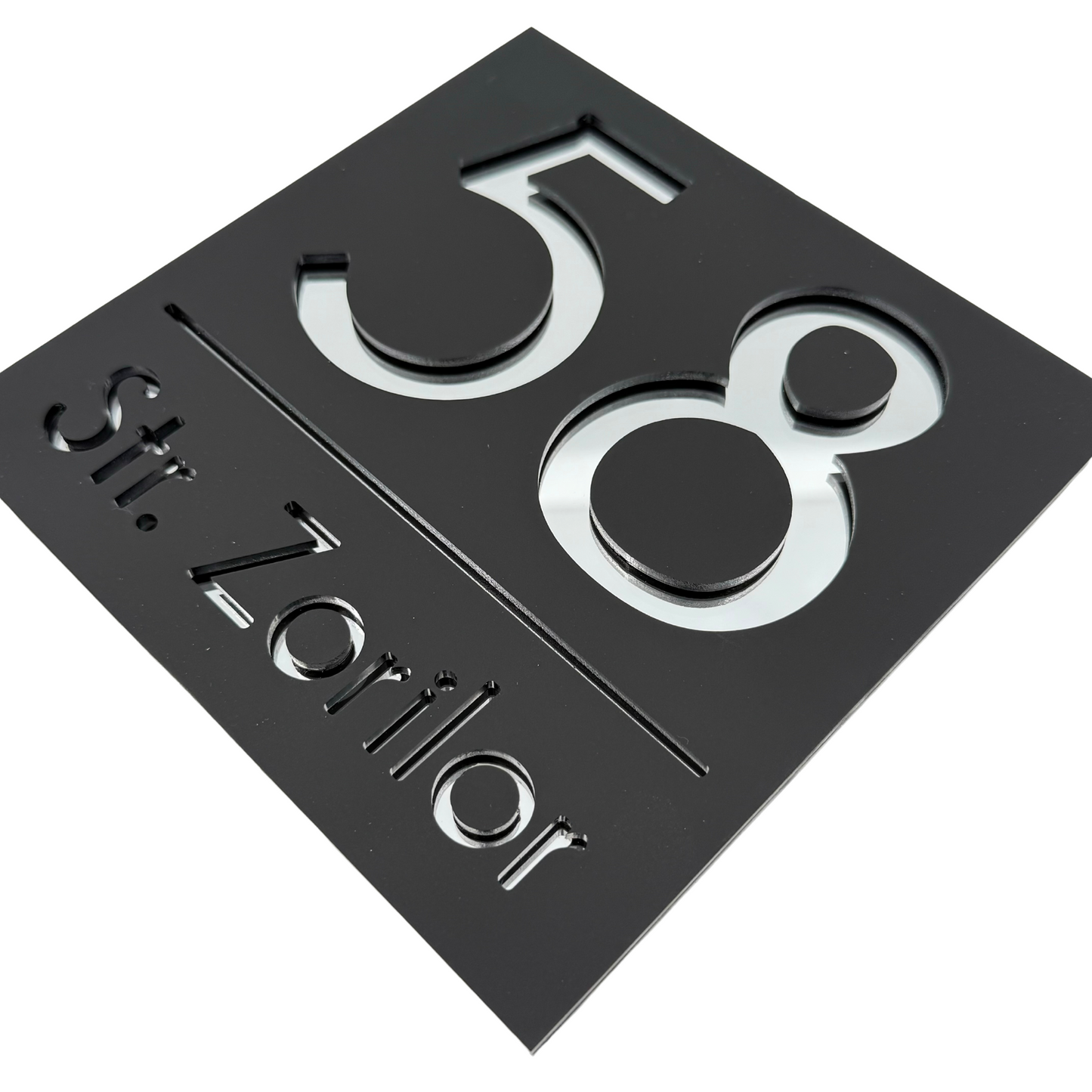 PREMIUM HOUSE NUMBER - Satin Black Silver Mirror - 17×17 cm