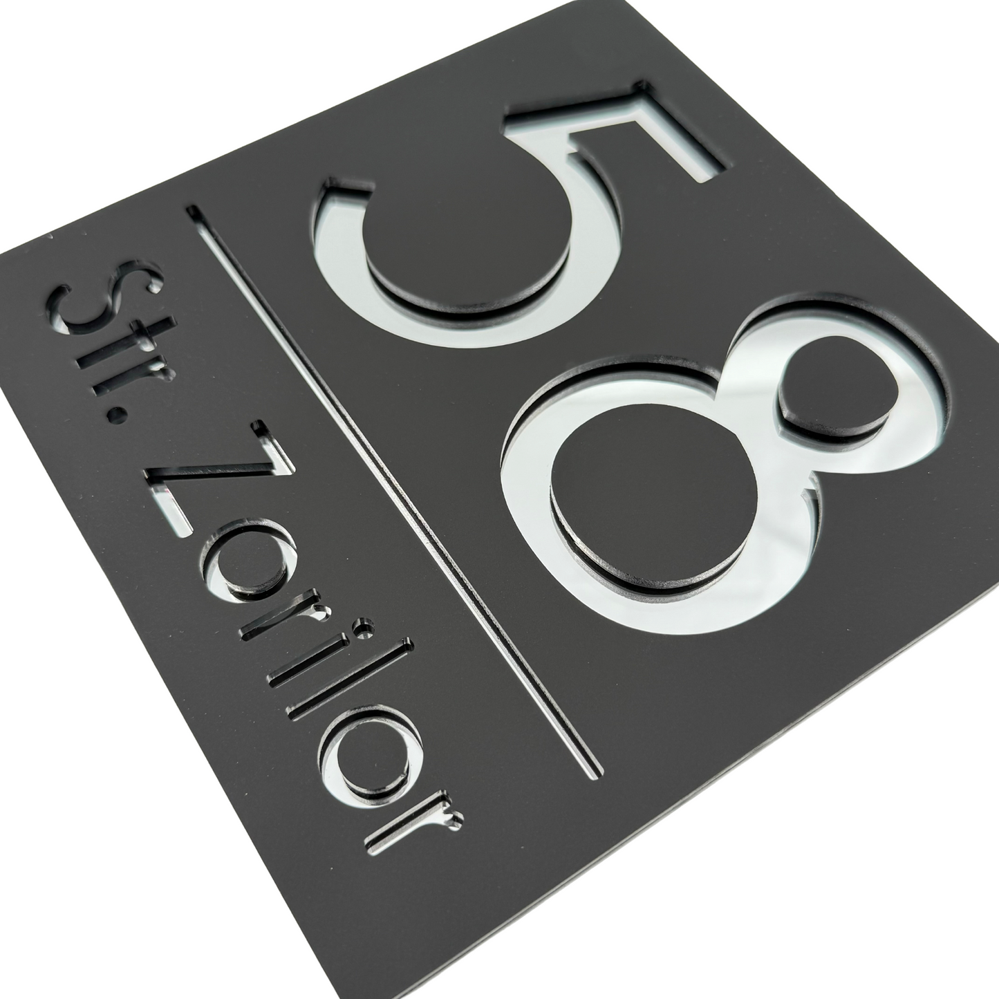 PREMIUM HOUSE NUMBER - Satin Black Silver Mirror - 17×17 cm
