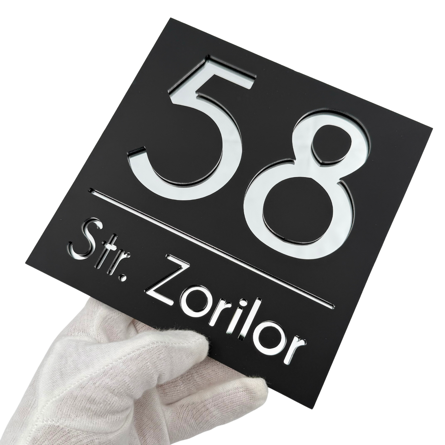 PREMIUM HOUSE NUMBER - Satin Black Silver Mirror - 17×17 cm