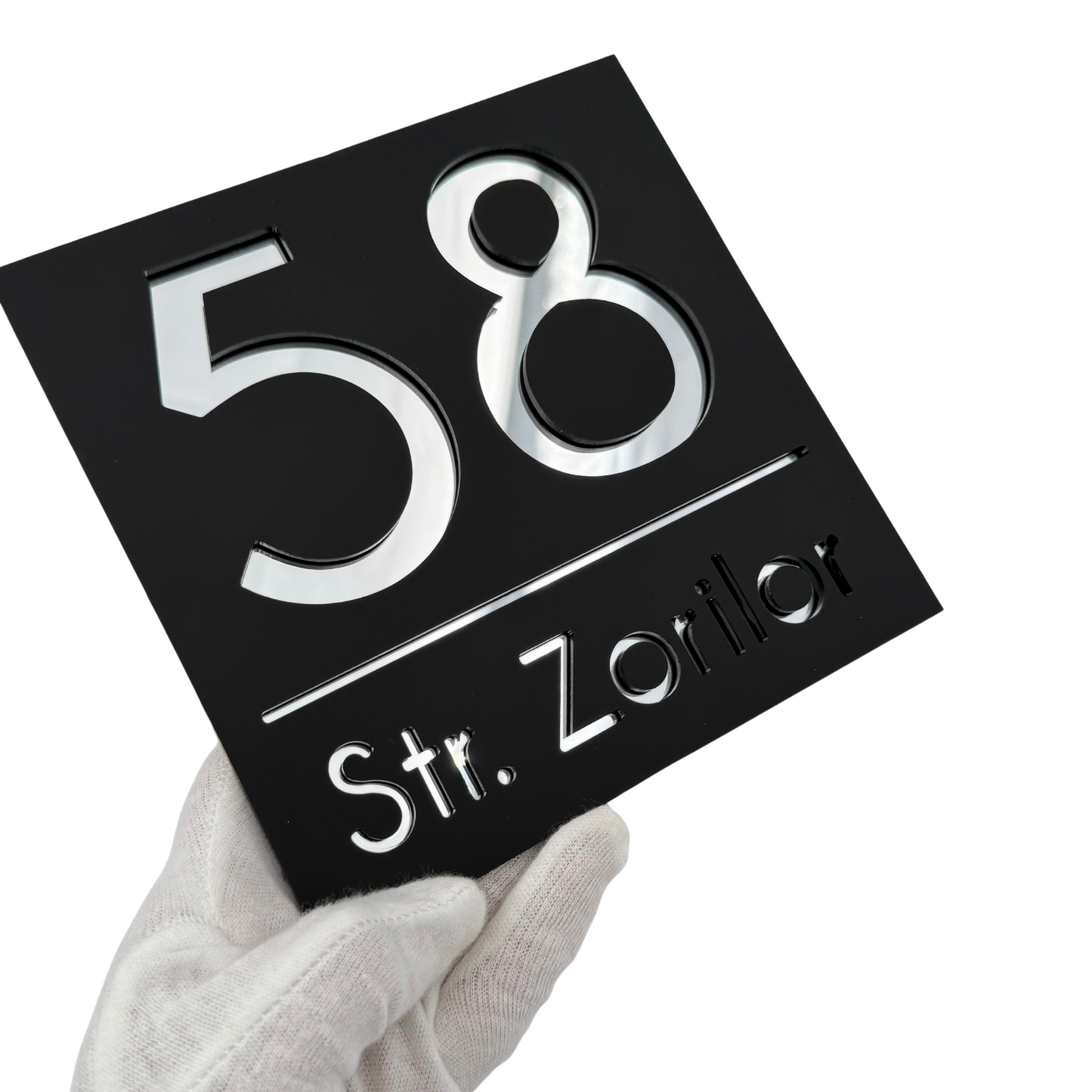 PREMIUM HOUSE NUMBER - Satin Black Silver Mirror - 17×17 cm