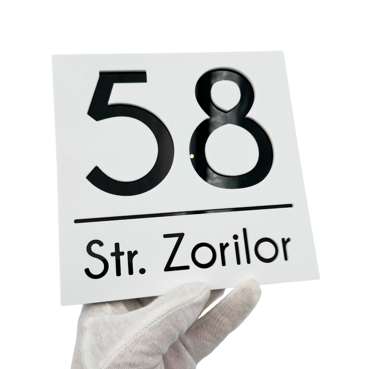 PREMIUM HOUSE NUMBER - White Satin Glossy Black - 17×17 cm