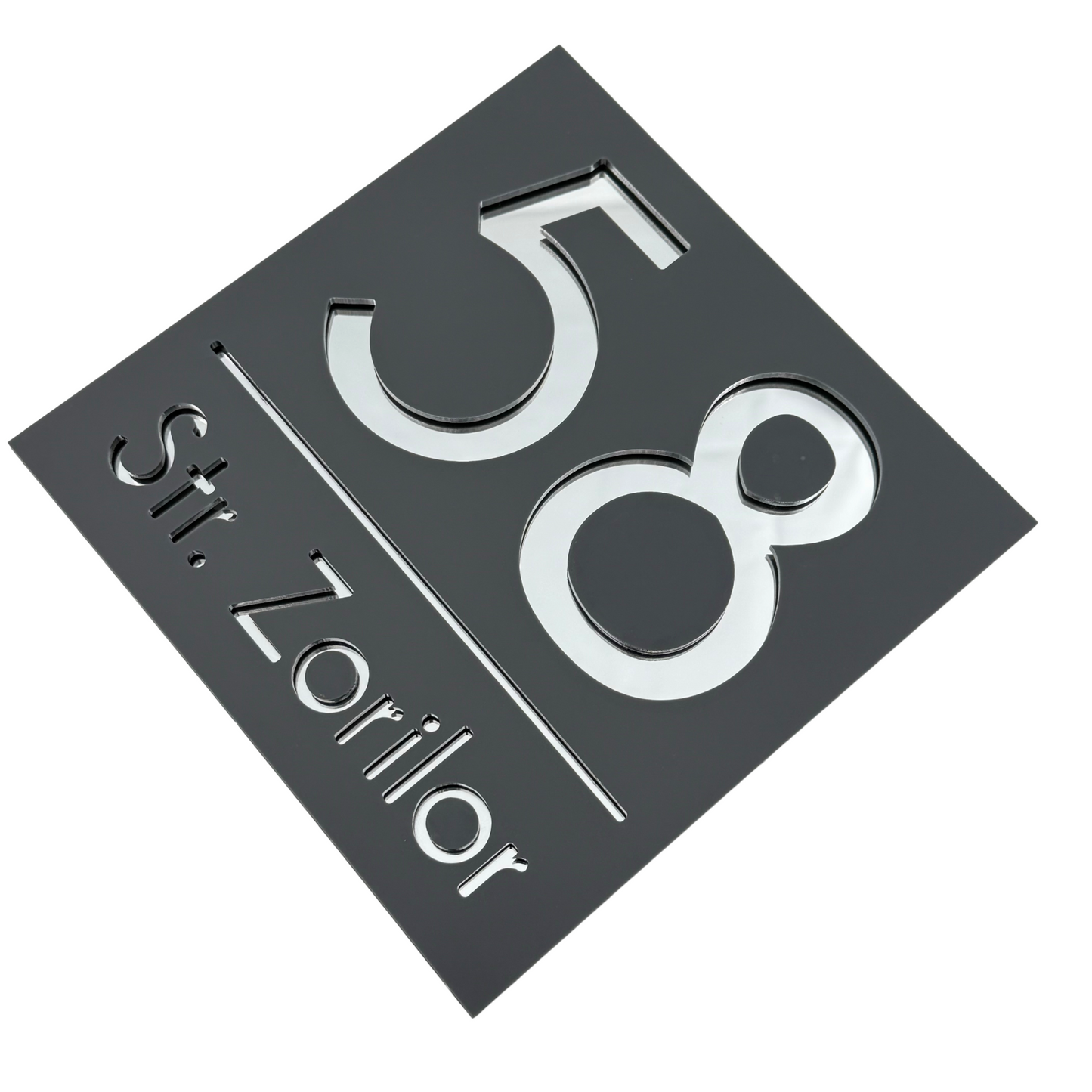 PREMIUM HOUSE NUMBER - Satin Grey Silver Mirror - 17×17 cm