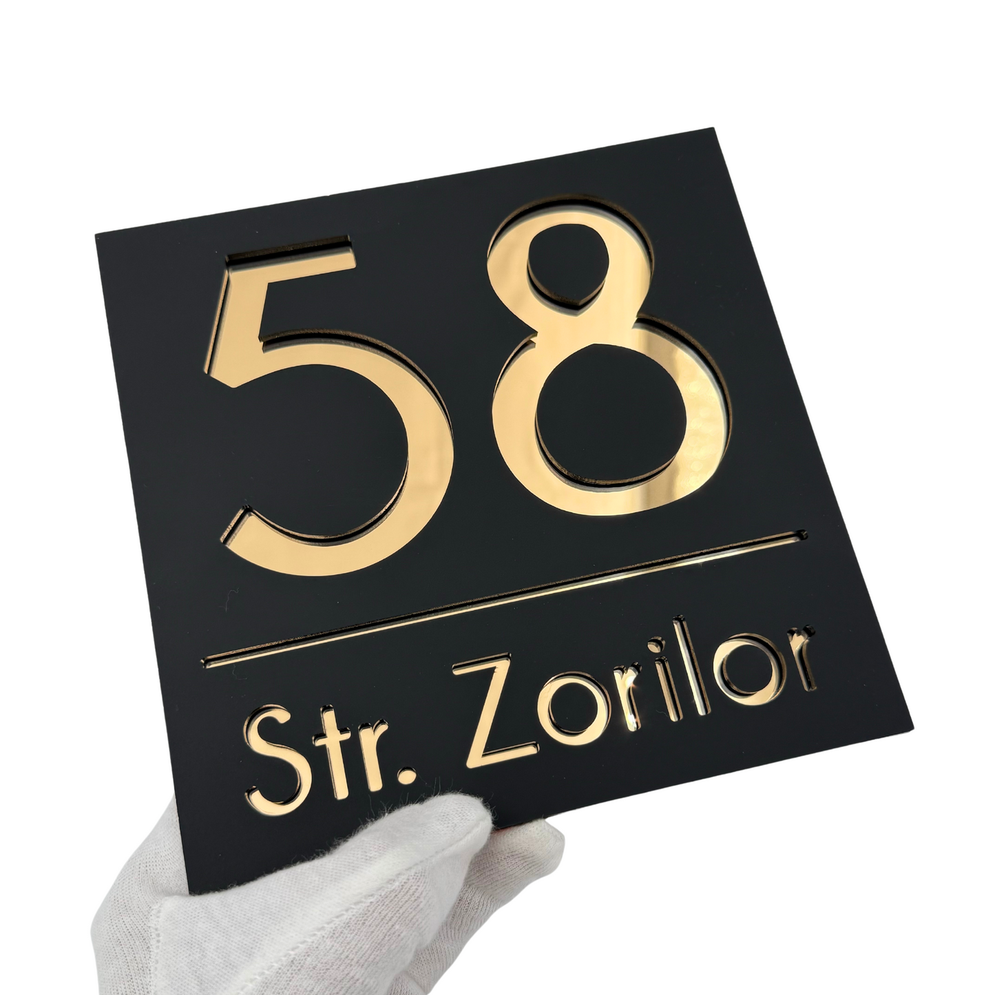 PREMIUM HOUSE NUMBER - Satin Black Gold Mirror - 17×17 cm