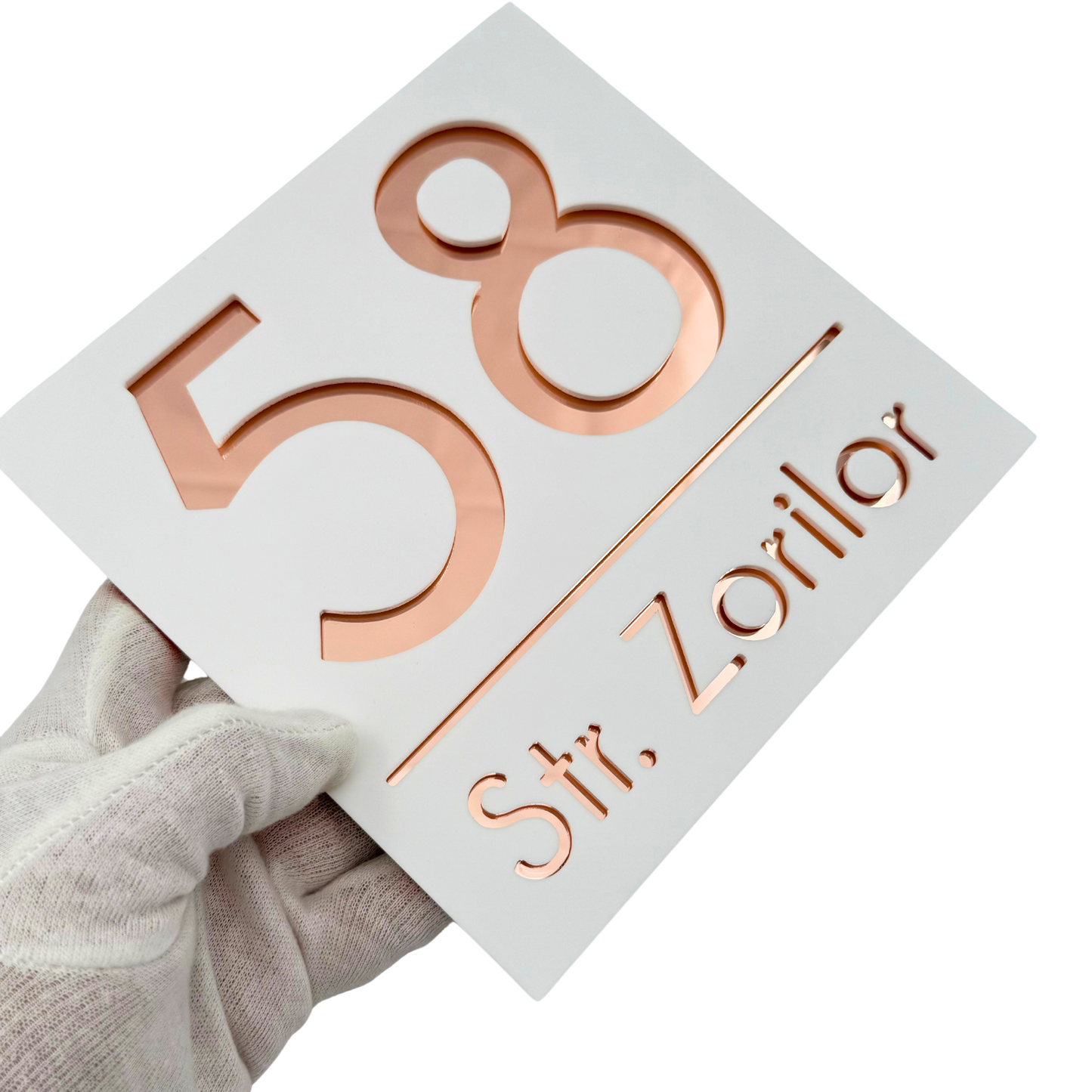 PREMIUM HOUSE NUMBER - White Satin Rose Gold Mirror - 17×17 cm