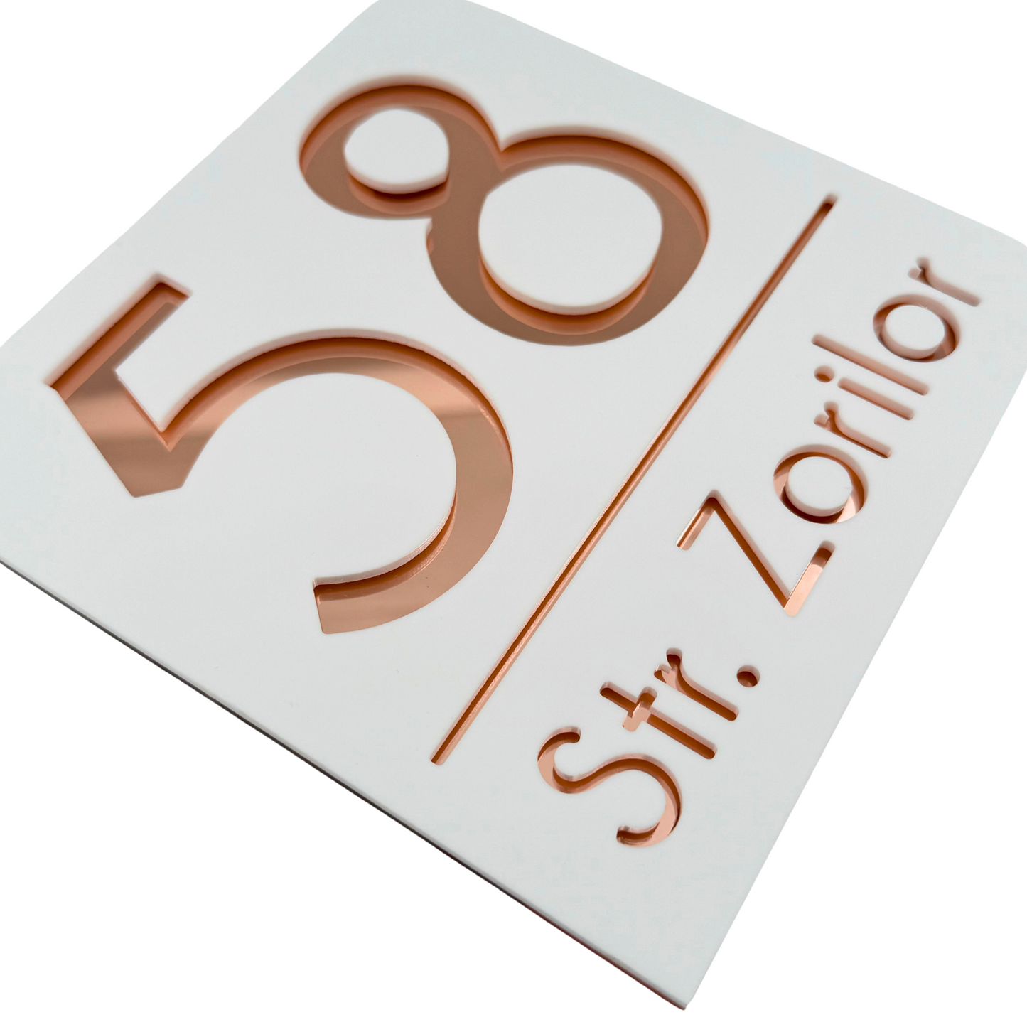 PREMIUM HOUSE NUMBER - White Satin Rose Gold Mirror - 17×17 cm